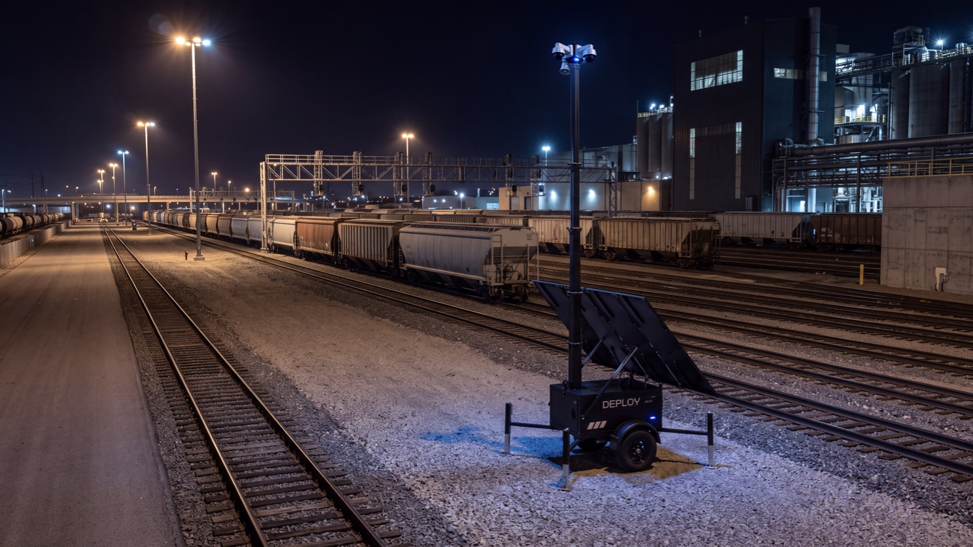 A unit beside the tracks at a rail yard at night, hopper wagons and a lit plant behind.