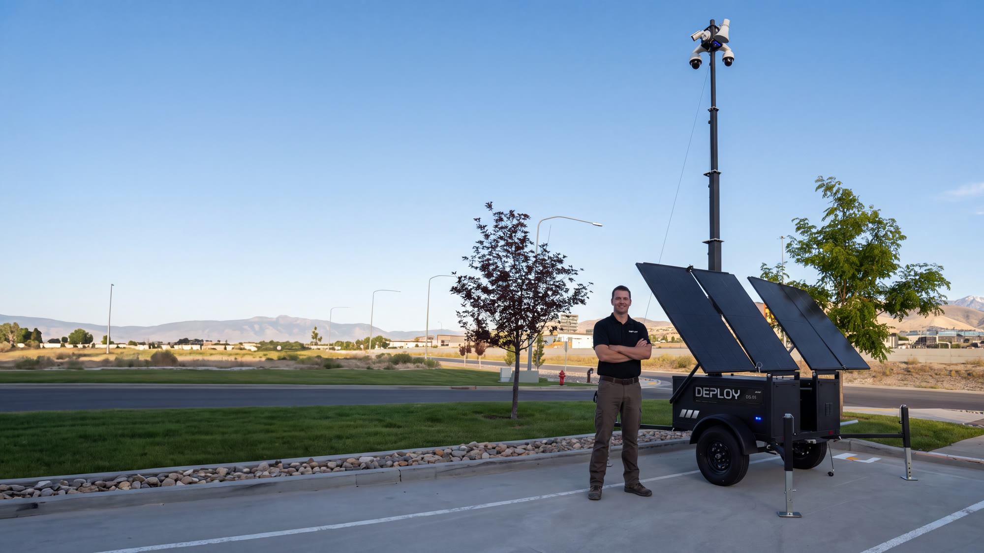 A member of the Deploy team standing beside a deployed unit, mast raised, open country behind.
