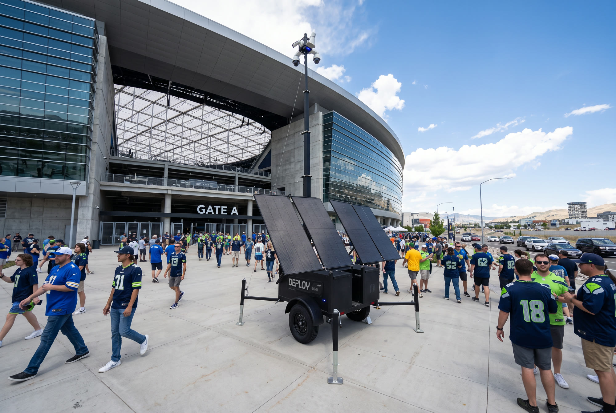 A unit beside the entrance of a stadium on a match day, fans streaming past under the gate sign.