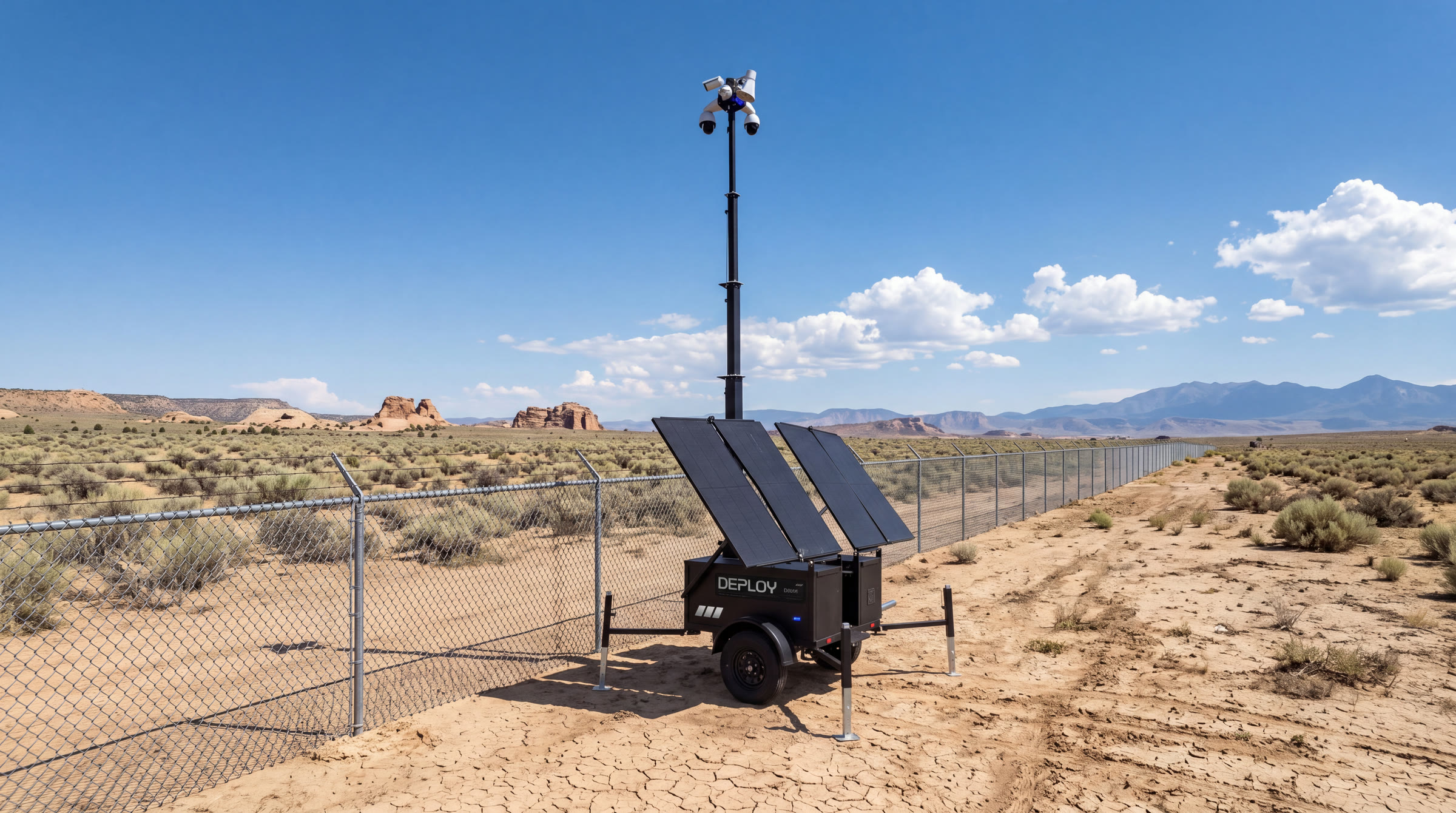 A unit beside a chain-link perimeter fence in open desert, mast raised, the fence line running away behind it.