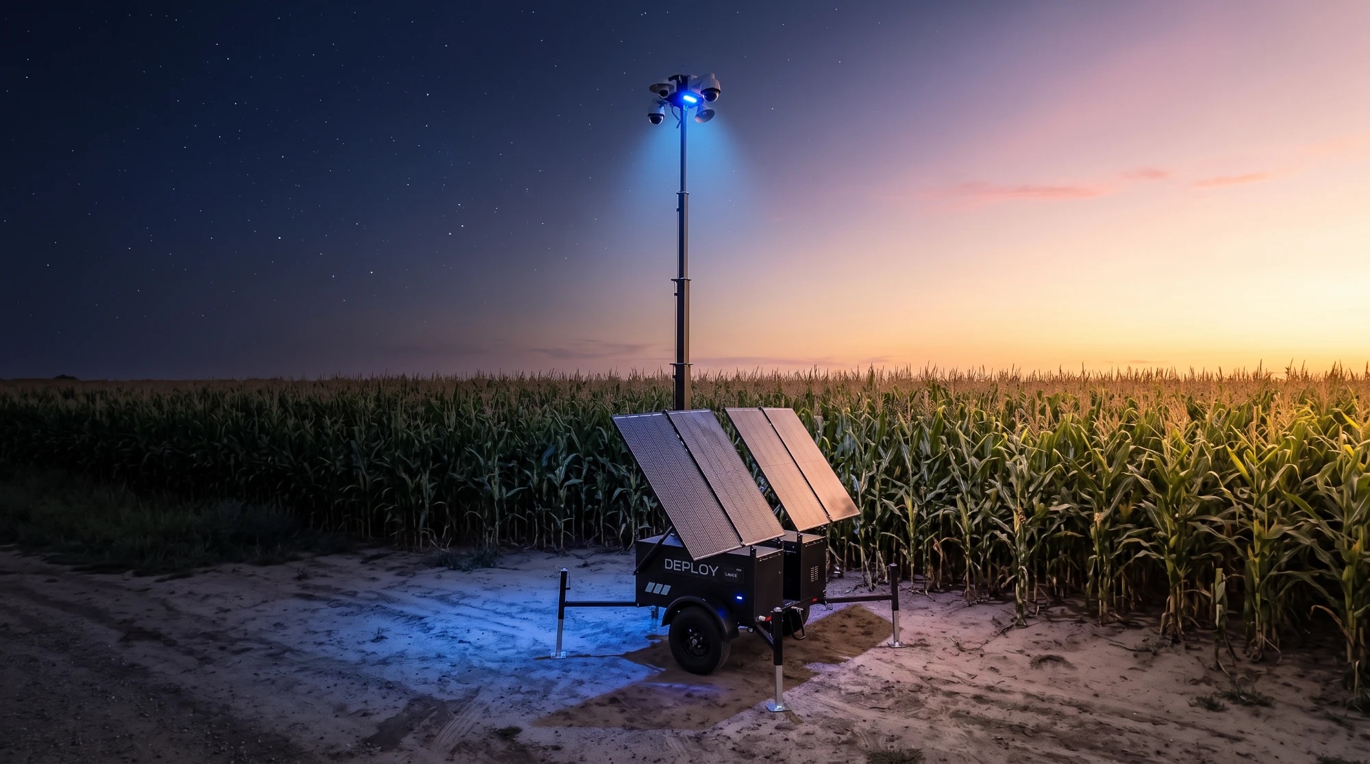 Solar-powered Deploy trailer in a cornfield at dusk under a starry sky.