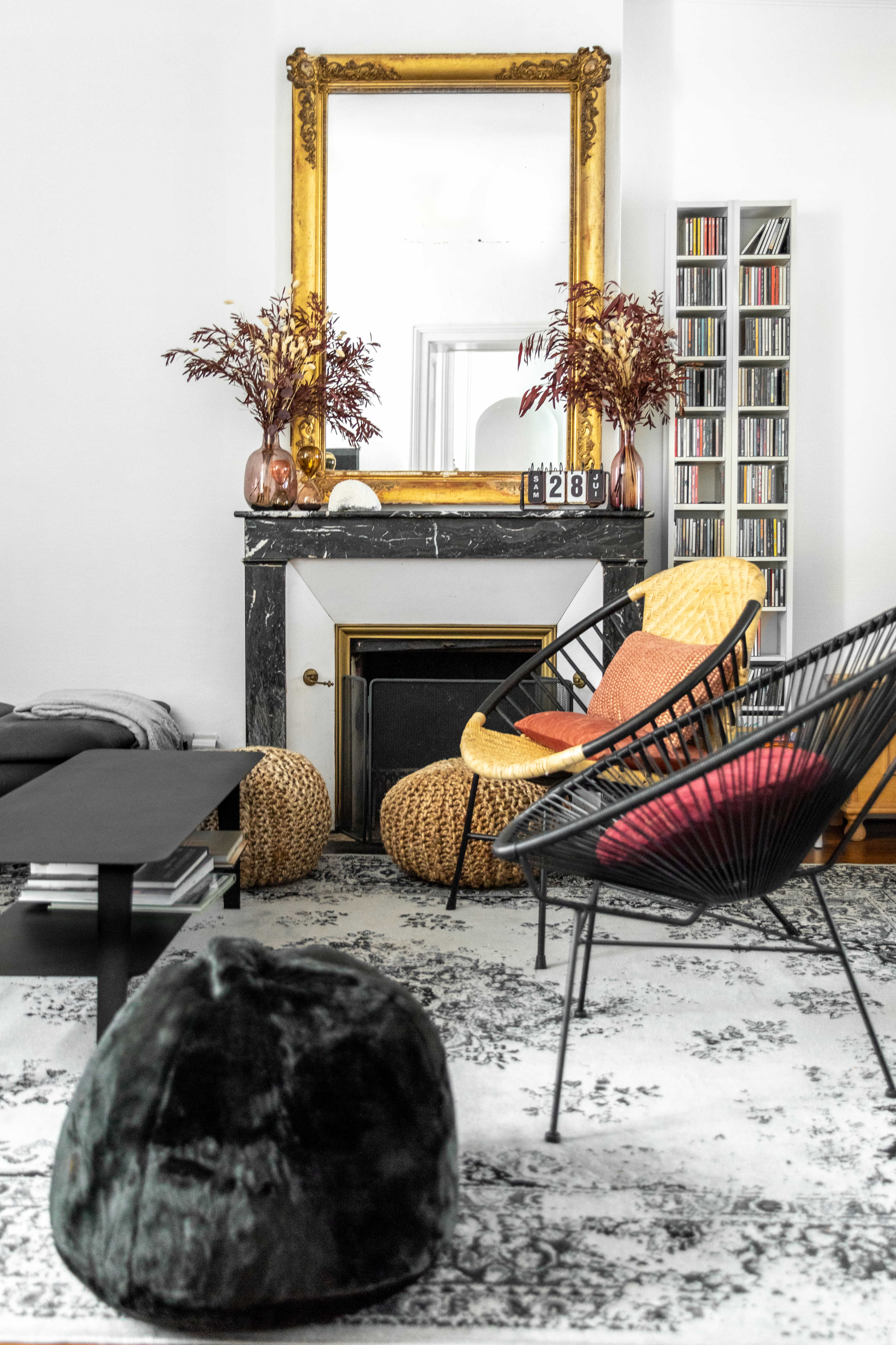 The living room and decorative fireplace