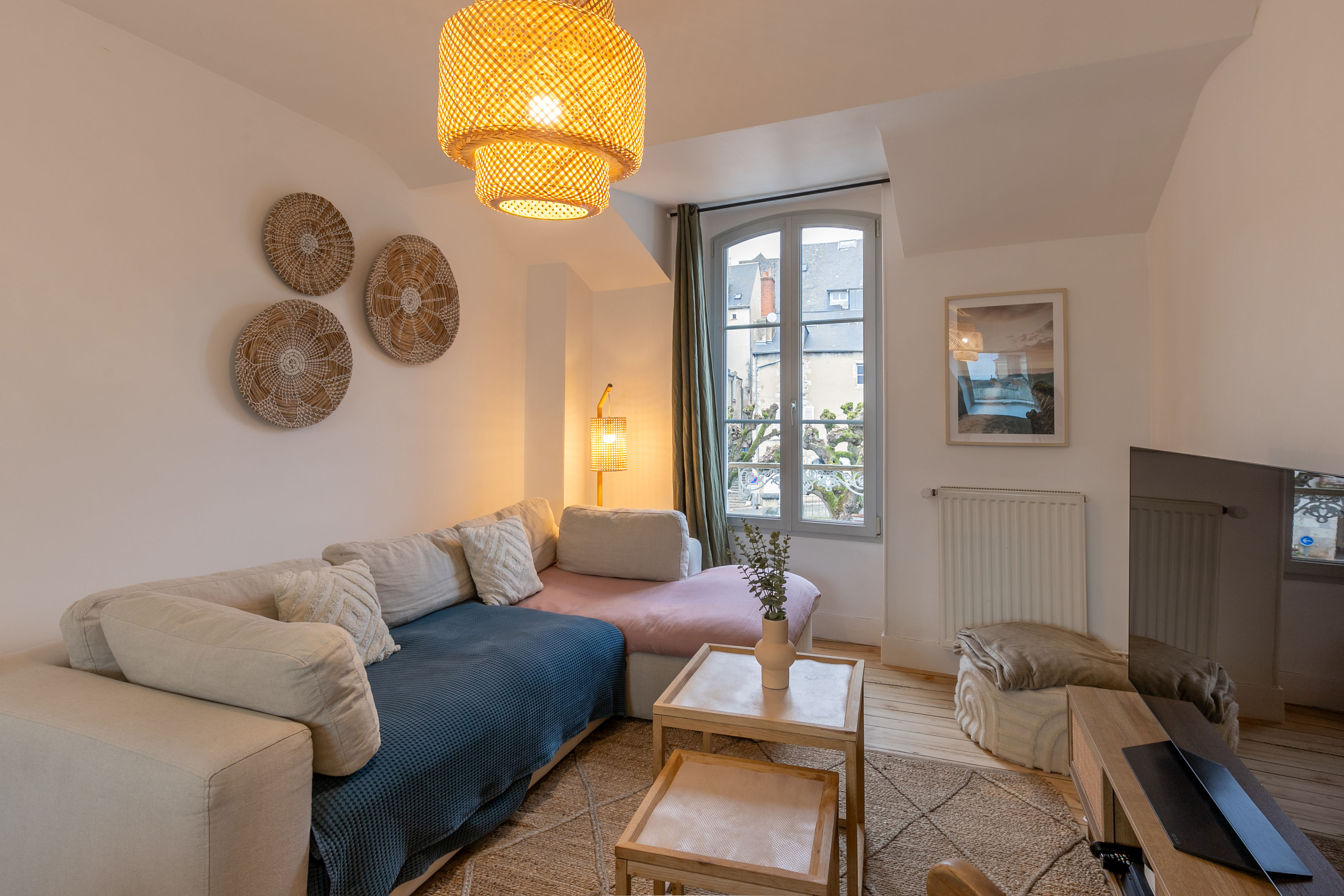 The bright living room and sofa