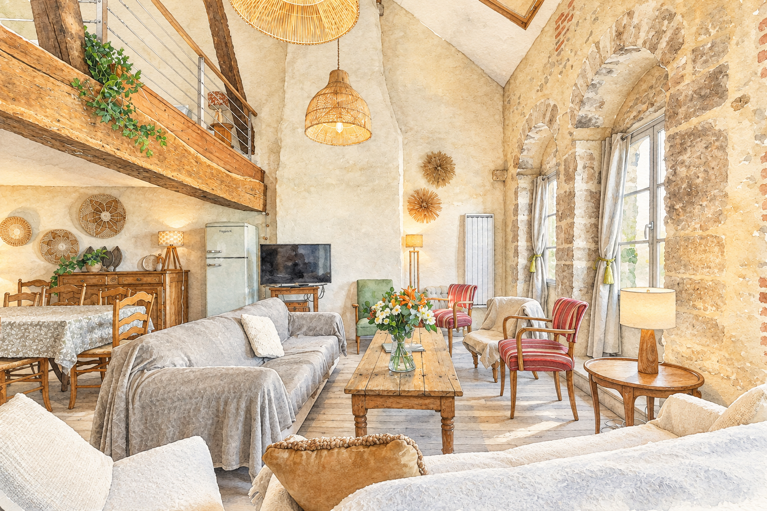Watercolour of the Loft living room at La Maison des Chalands