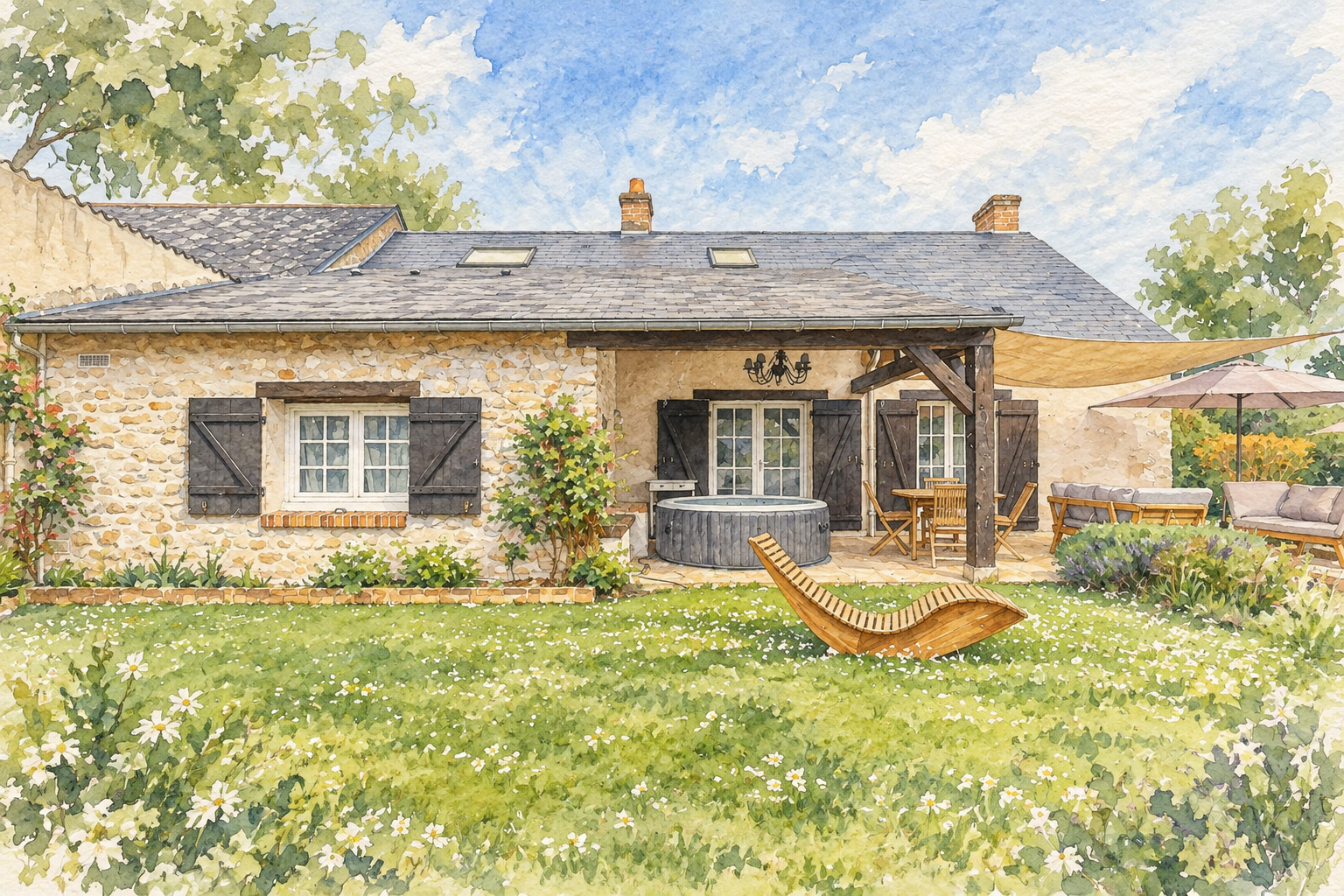 Watercolour of Le Cottage de Chitenay, its terrace and garden