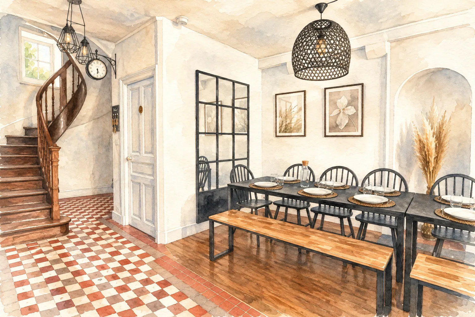 Aquarelle de la salle à manger et de l’escalier ancien de la Demeure de Chemonton