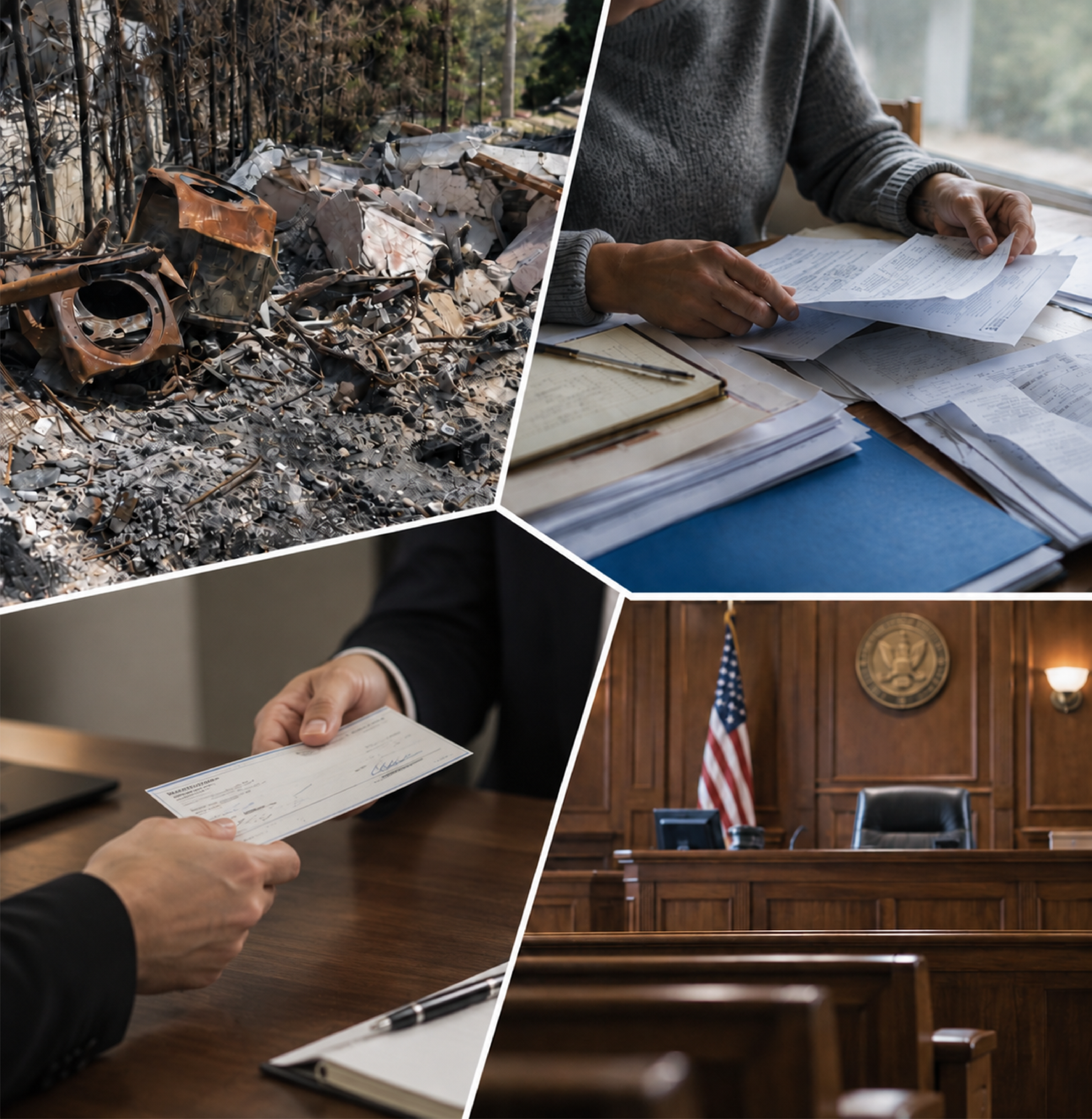 Collage showing property damage, insurance documents, and a courtroom, representing the insurance claim and legal process.