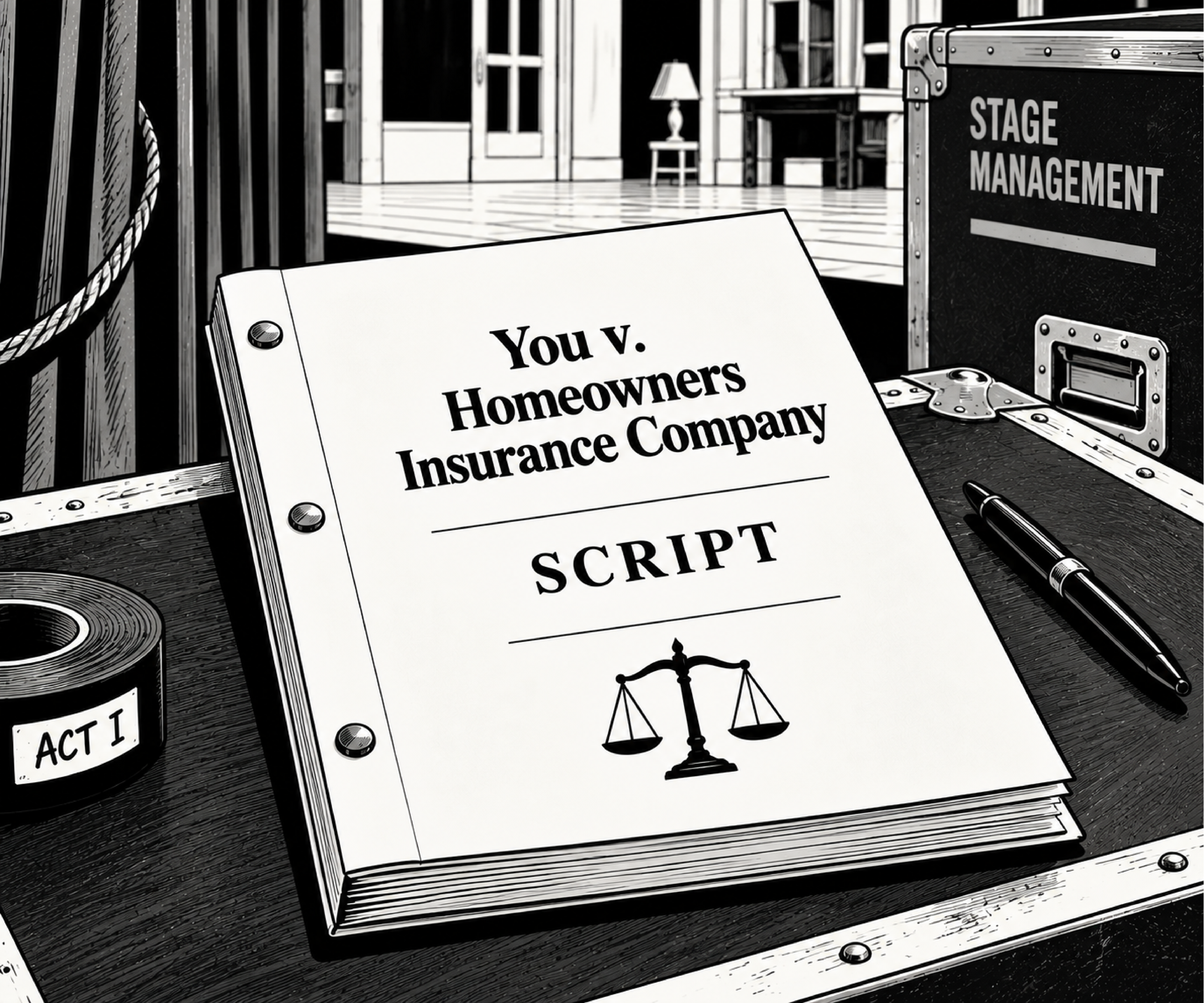 Illustration representing the script and preparation involved in managing a homeowners insurance lawsuit.
