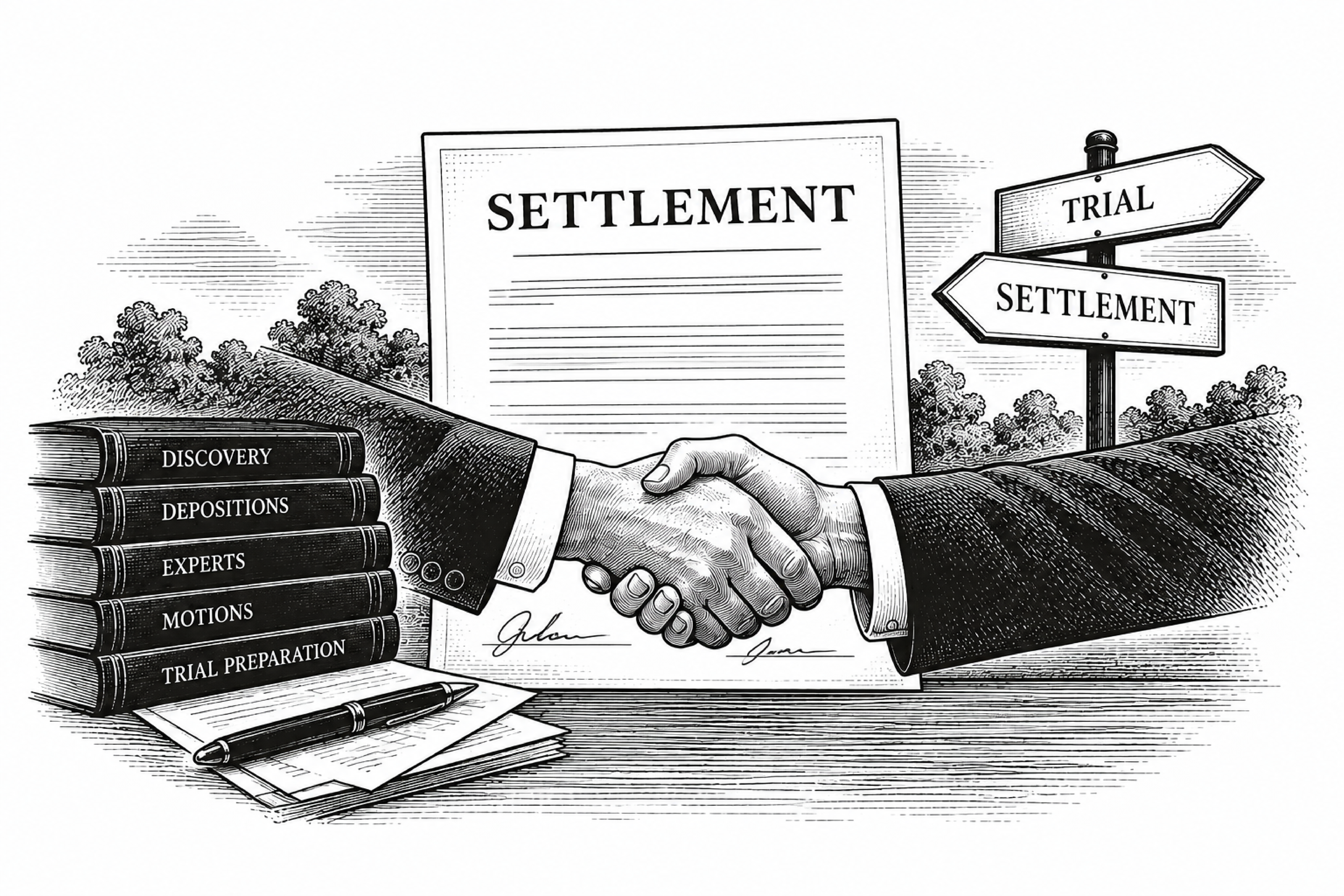 Illustration representing settlement negotiations in a homeowners insurance lawsuit.