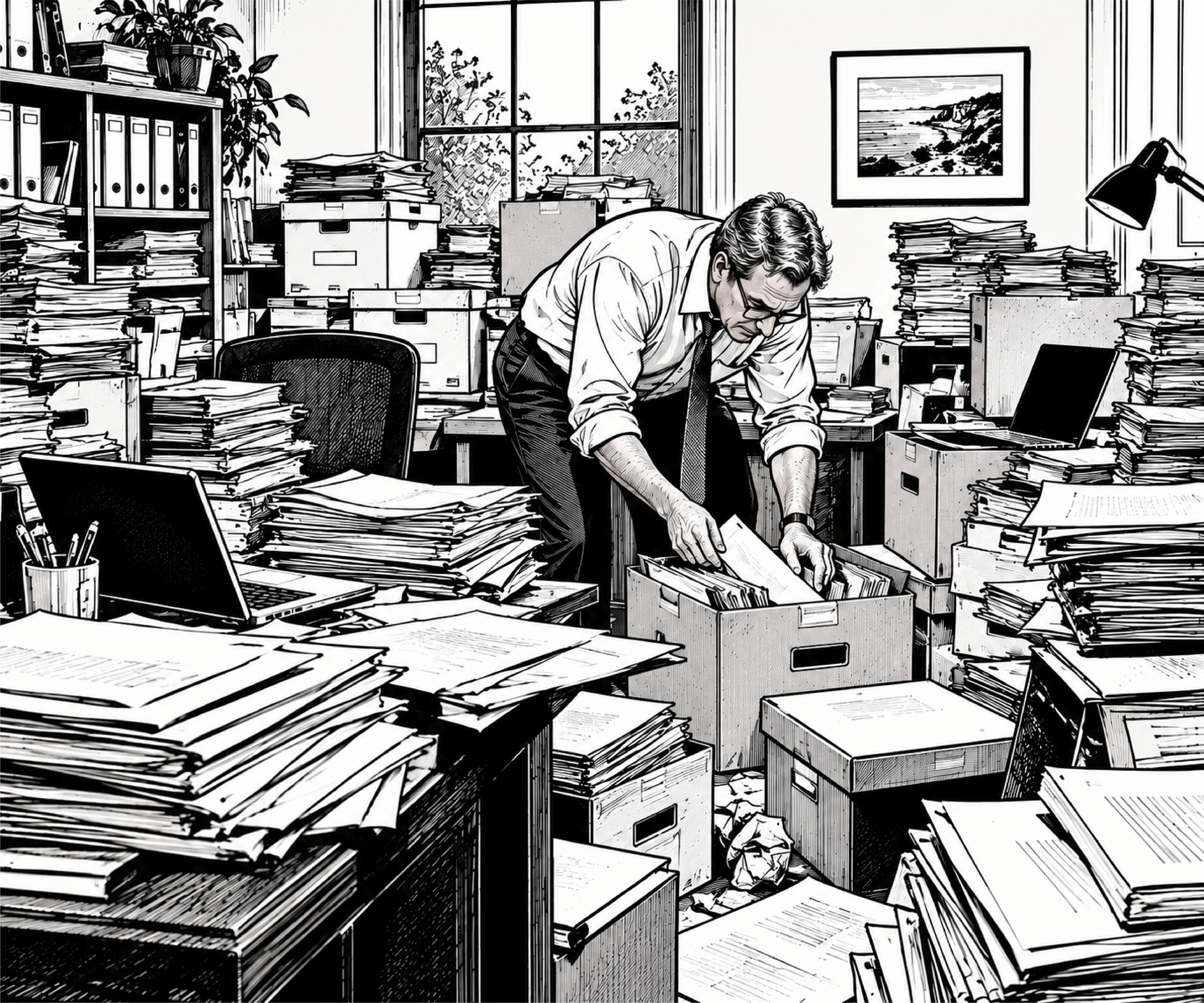 Illustration representing the discovery process and review of evidence in a homeowners insurance lawsuit.