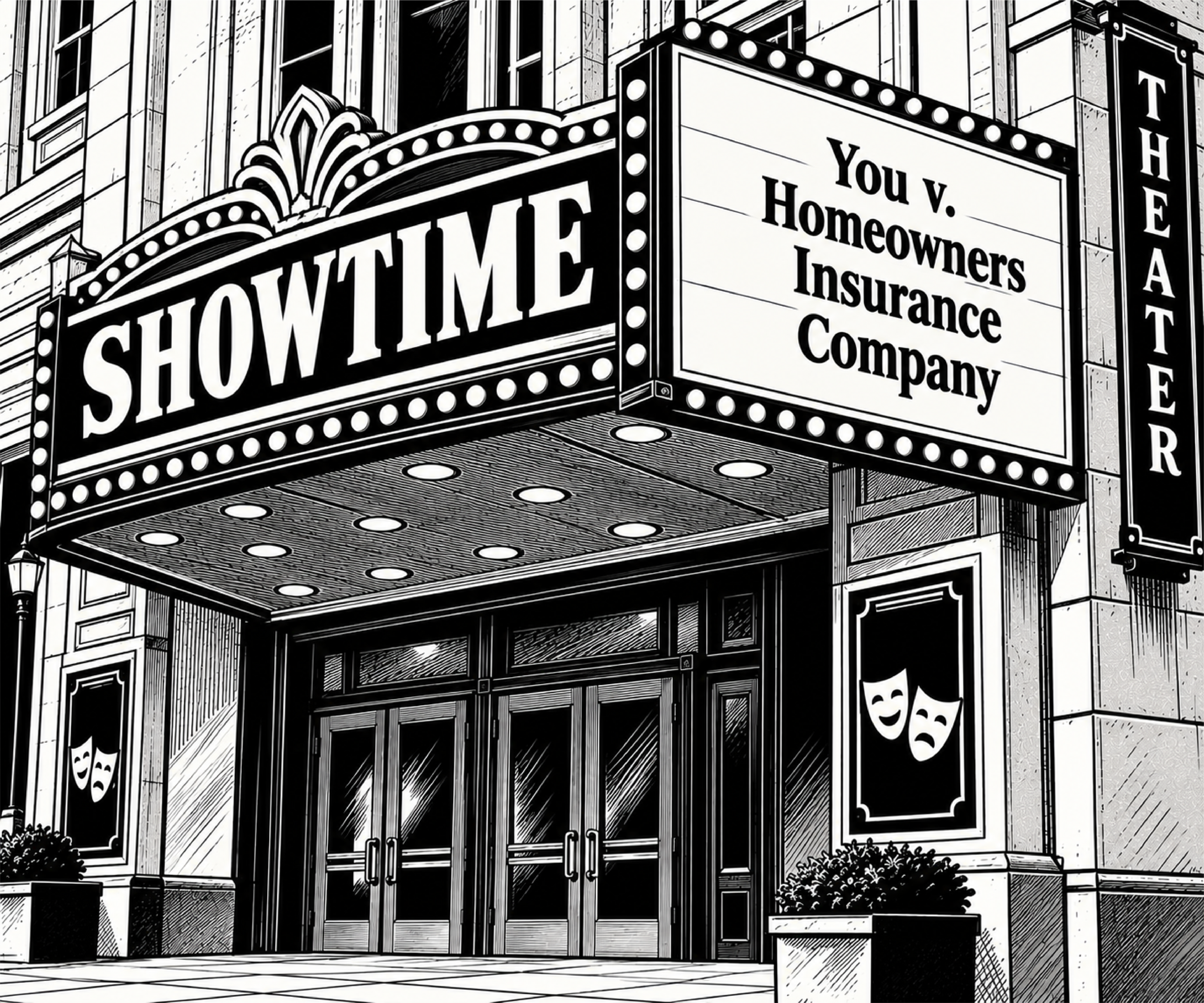 Illustration of a theater representing the homeowners insurance lawsuit process.