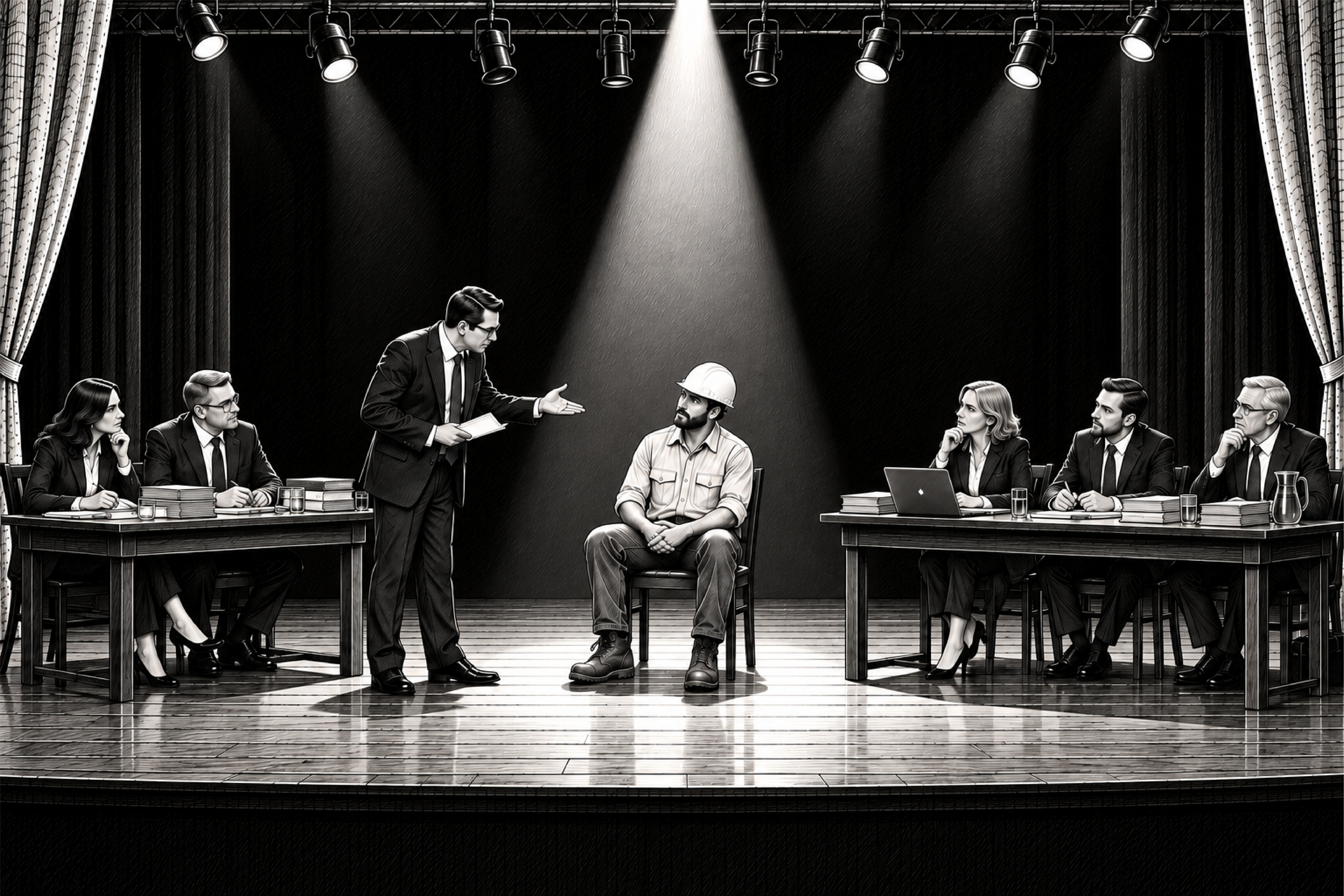 Illustration representing a jury in a homeowners insurance lawsuit.