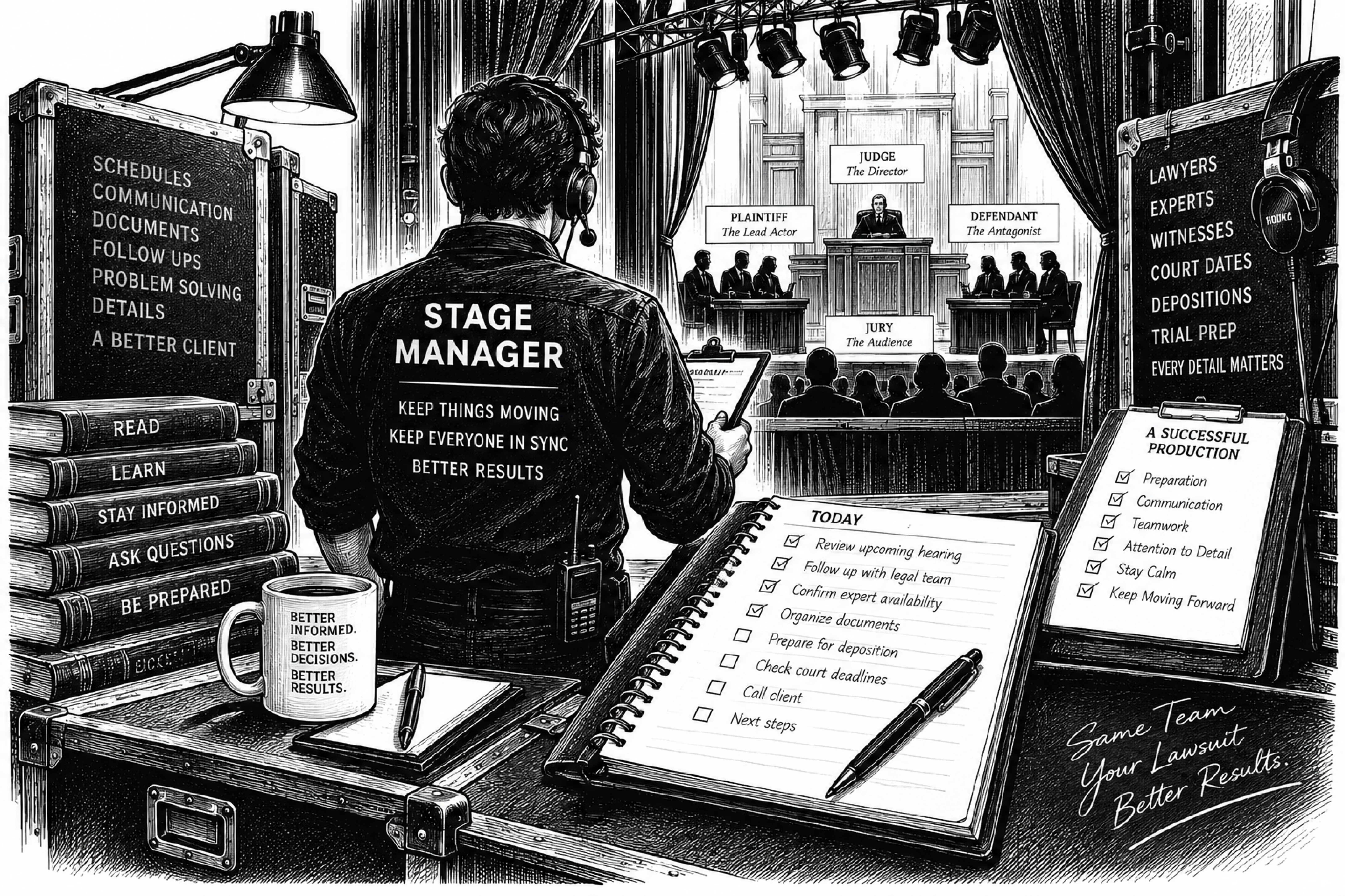Illustration representing managing a homeowners insurance lawsuit through settlement or trial.