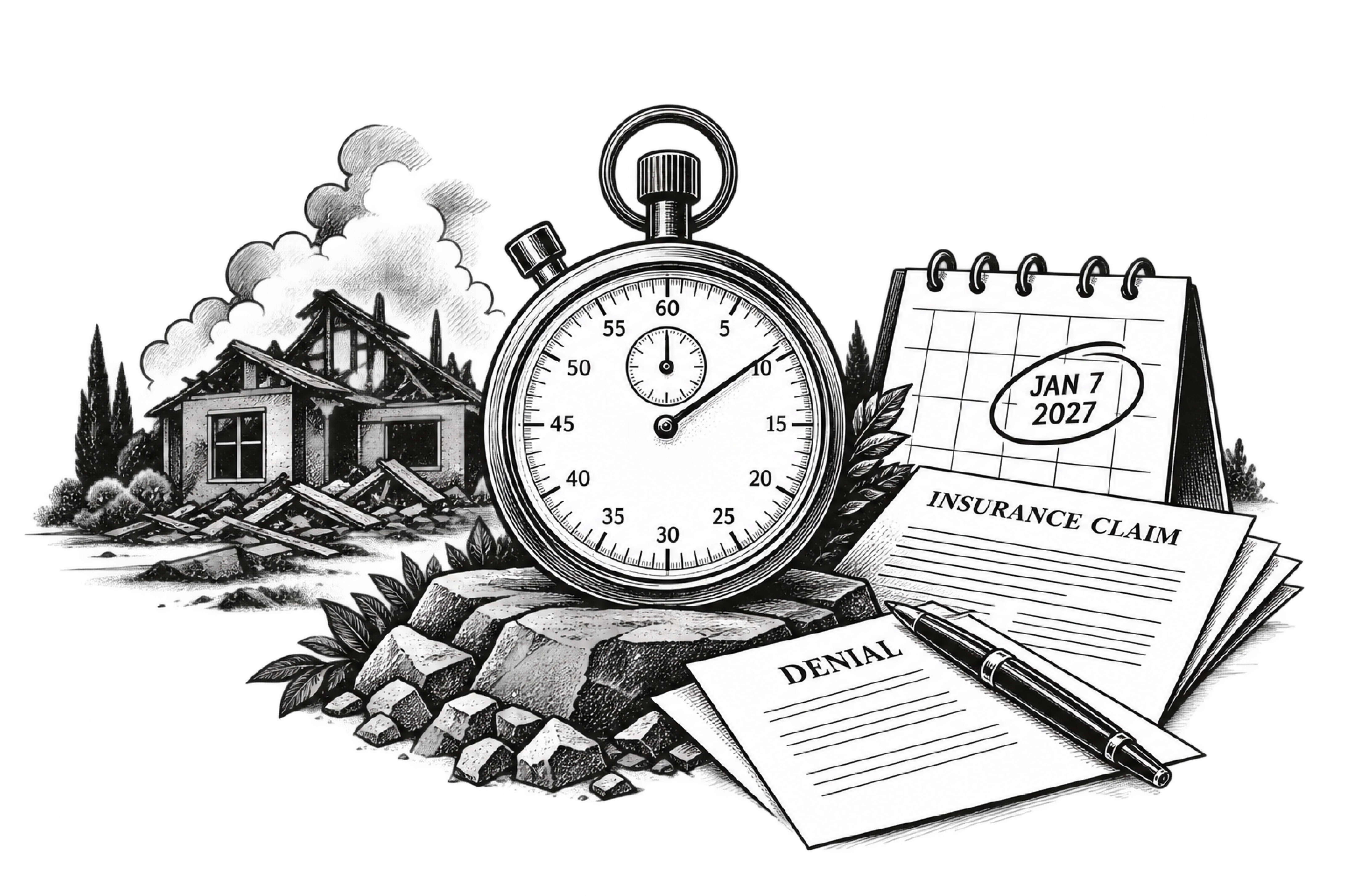 Black and white illustration of a damaged house with smoke in the background, a stopwatch, a calendar showing the date Jan 7, 2027, an insurance claim document, and a denial letter with a pen on top, symbolizing a time-sensitive insurance claim denial.