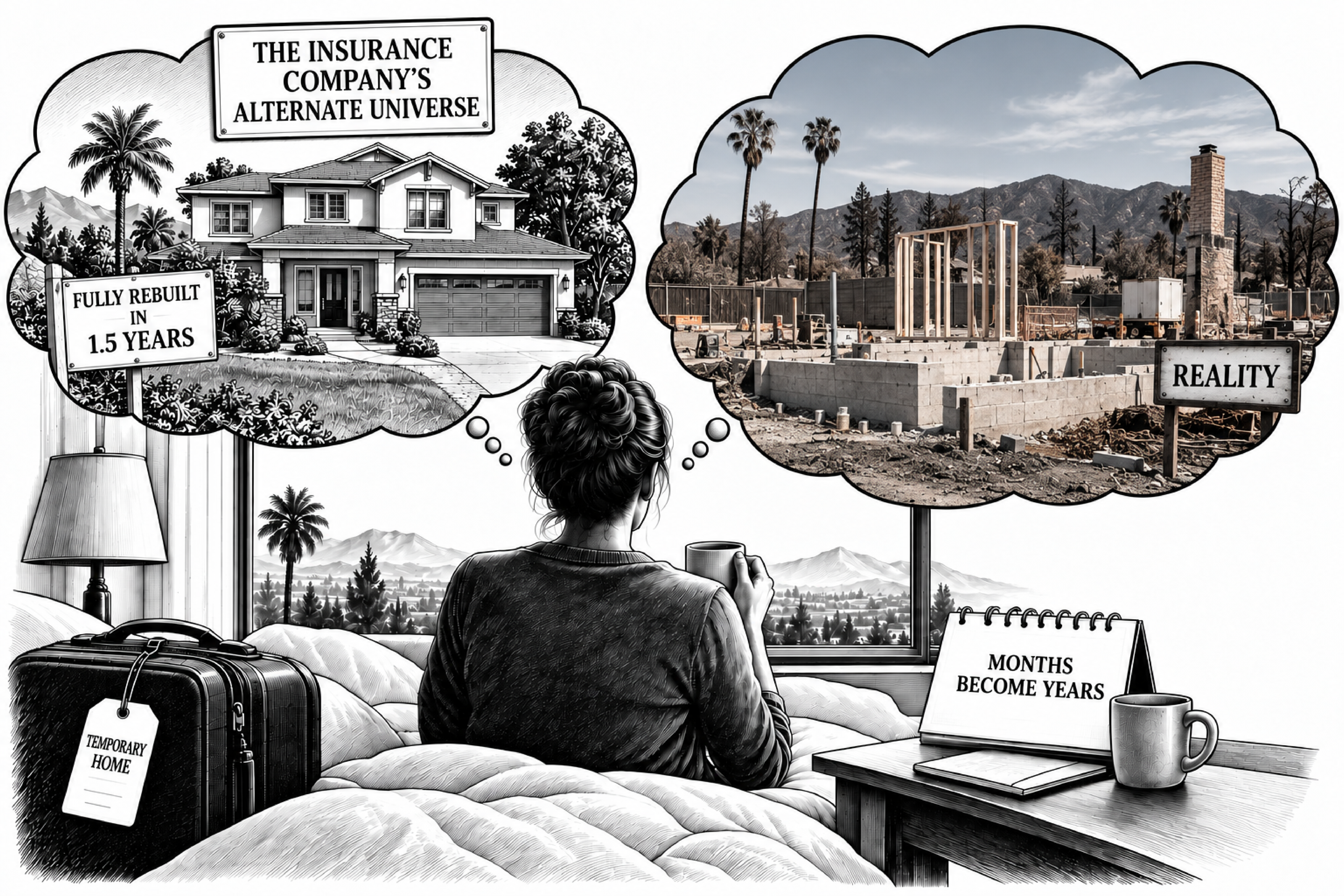 Illustration representing Additional Living Expense coverage during the repair or rebuilding of a home after a wildfire.