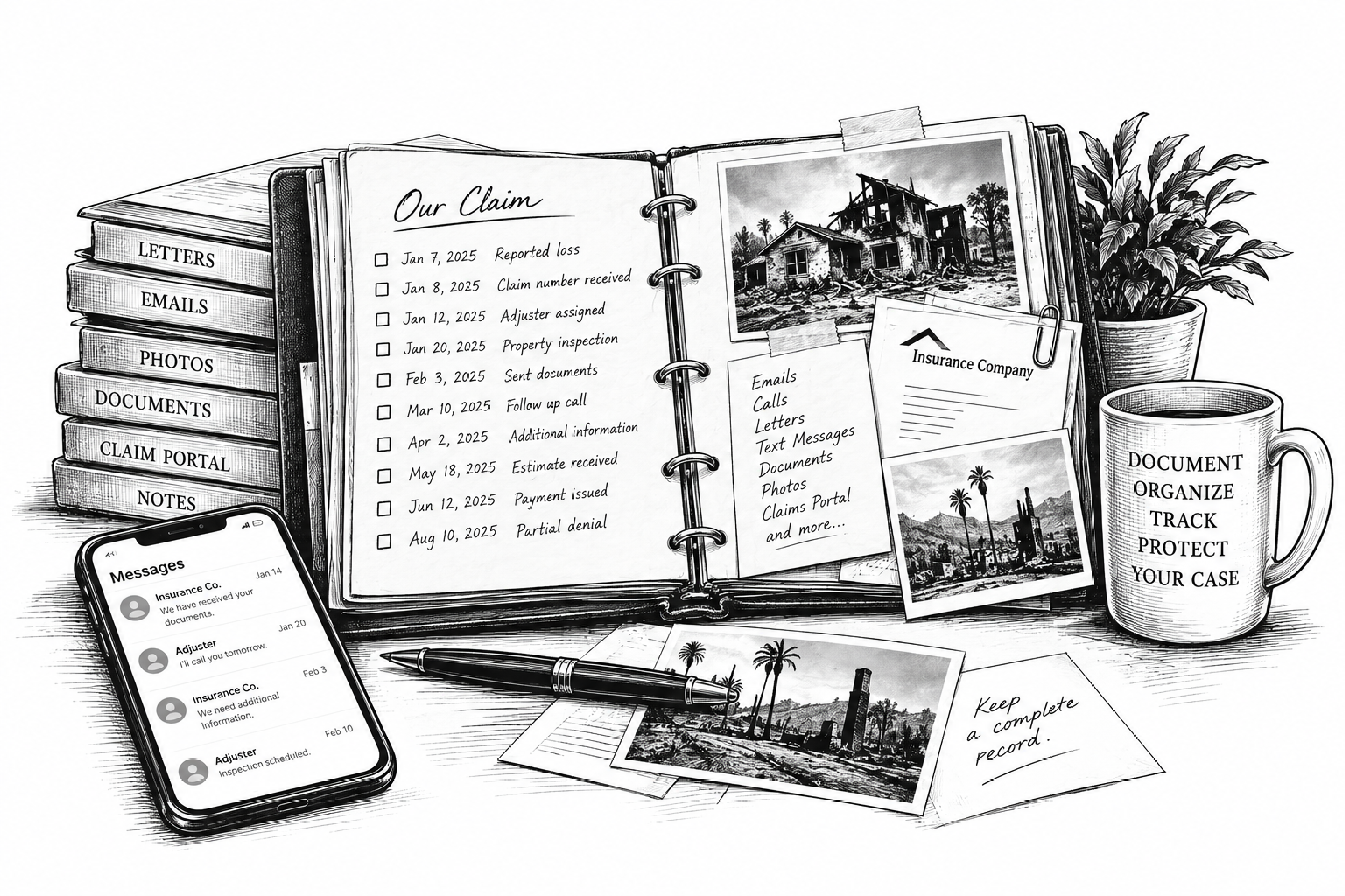 Illustration representing a detailed timeline and documentation of a homeowners insurance claim.