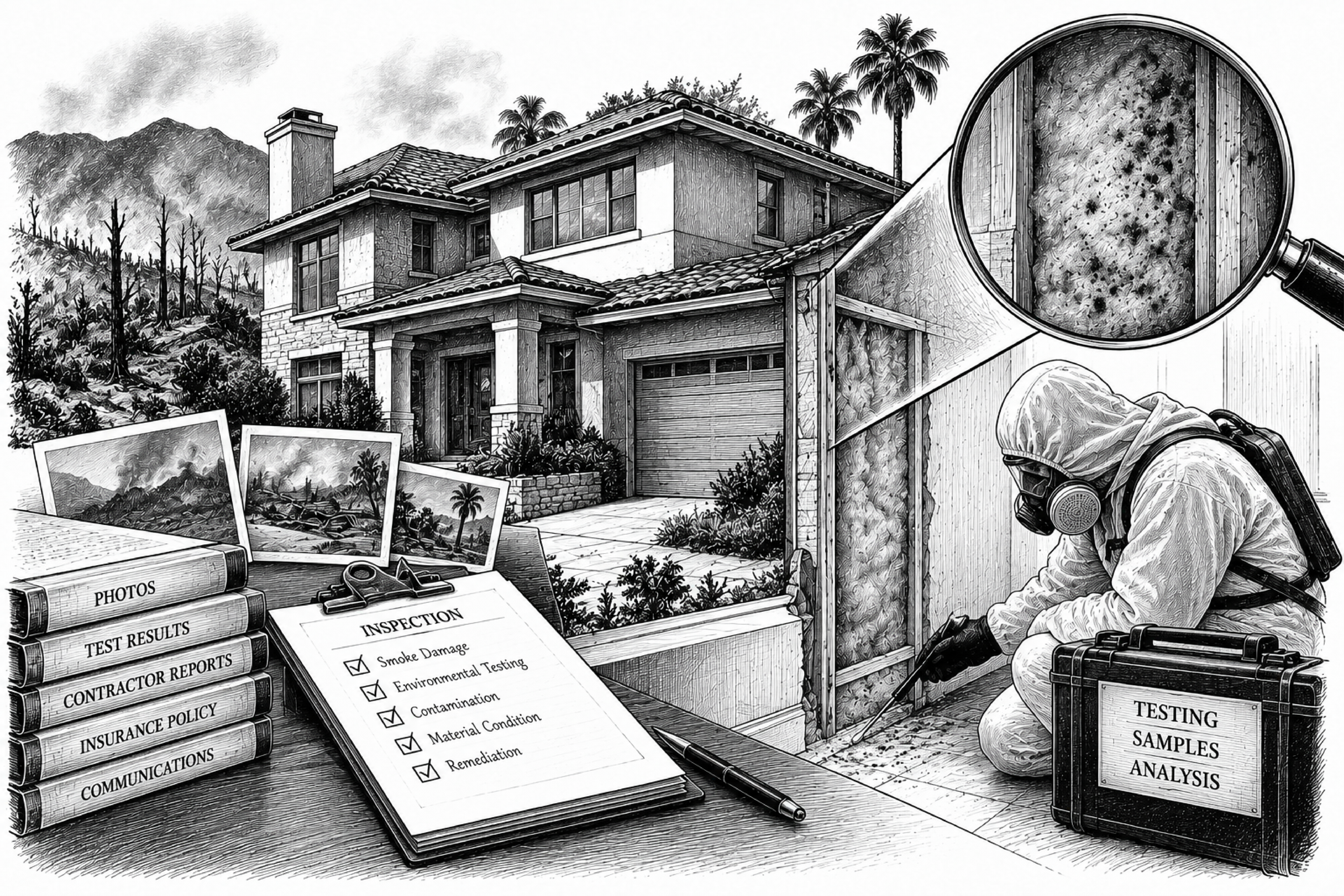 Illustration representing smoke and environmental contamination in a home that survived a wildfire.