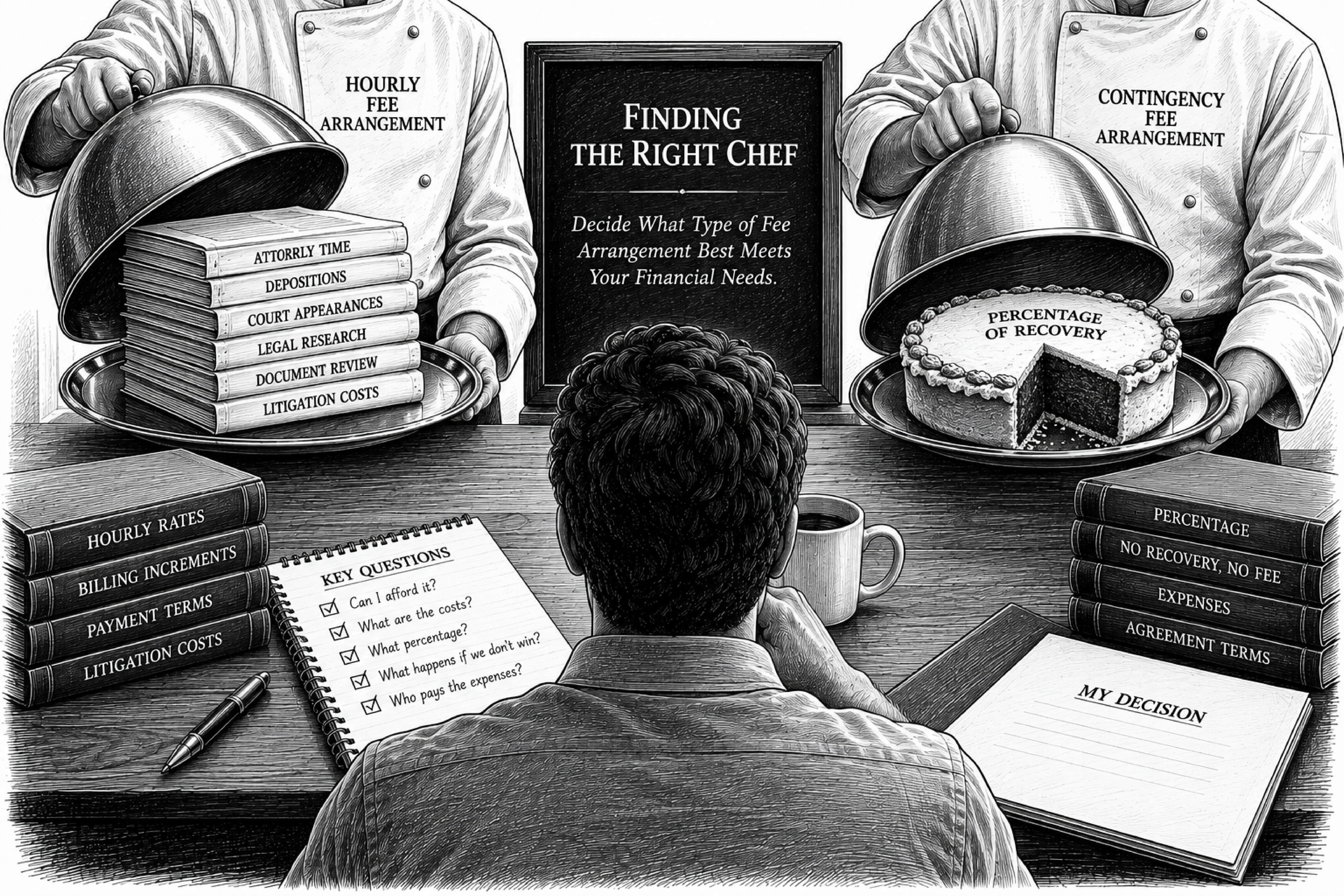 Illustration representing attorney fee arrangements and choosing the right lawyer for a homeowners insurance lawsuit.