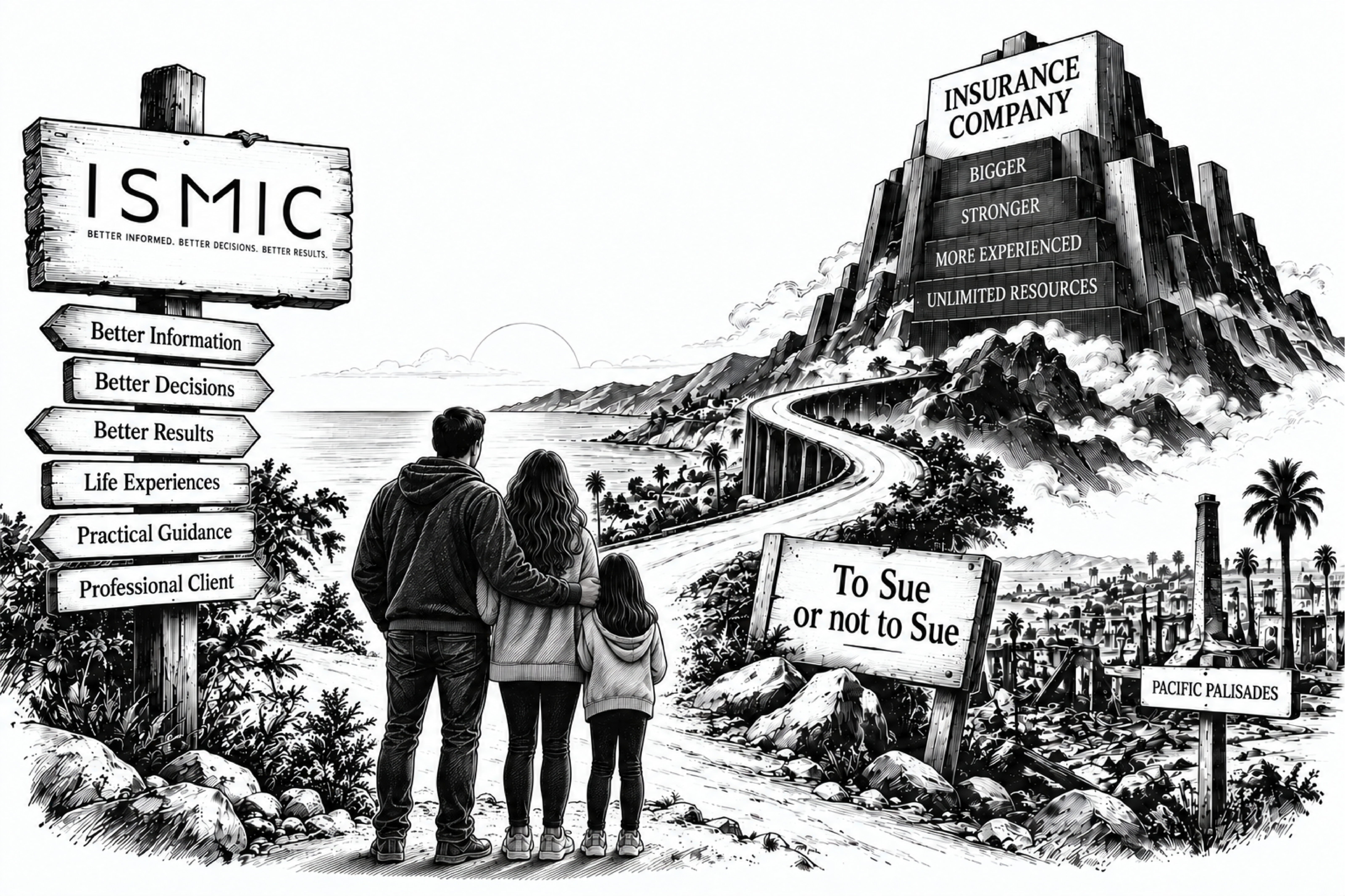 Illustration showing homeowners navigating an insurance claim and deciding whether to pursue a lawsuit, representing ISMIC's mission to provide better information and practical guidance.