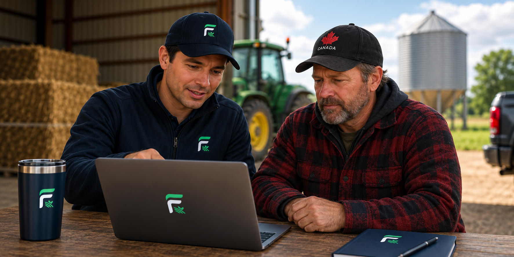 Two men in caps review a laptop at a wooden table outside a machine shed, with a tractor and grain bin behind them