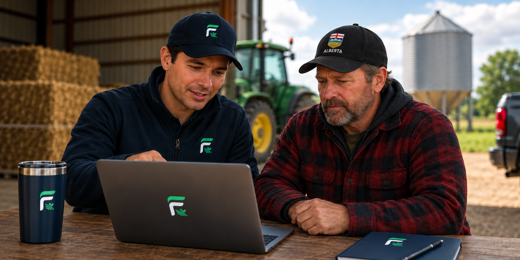 Two men in caps review a laptop at a wooden table outside a machine shed, with a tractor and grain bin behind them