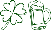 Green line drawings of a four-leaf clover and a frothy beer mug side by side.