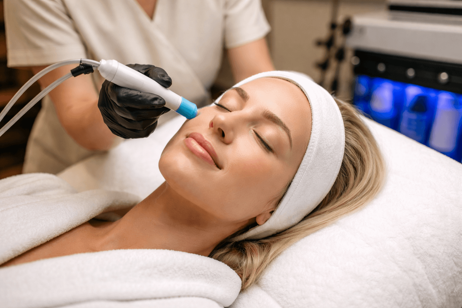 Woman receiving HydraFacial treatment at a medical spa in Texas for deep cleansing and hydration