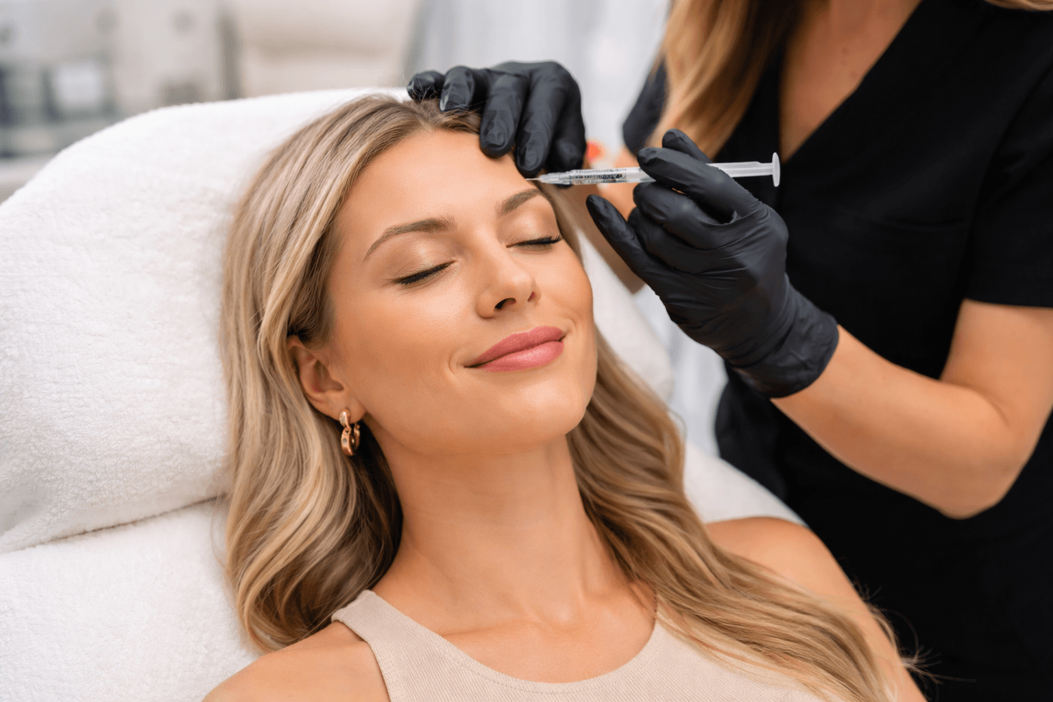 Provider administering Dysport in Dallas, Texas, for forehead wrinkle treatment