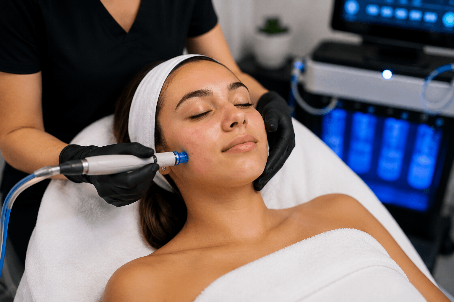 Teen receiving Hydrafacial treatment for hormonal acne in Dallas, Texas with LED blue light therapy