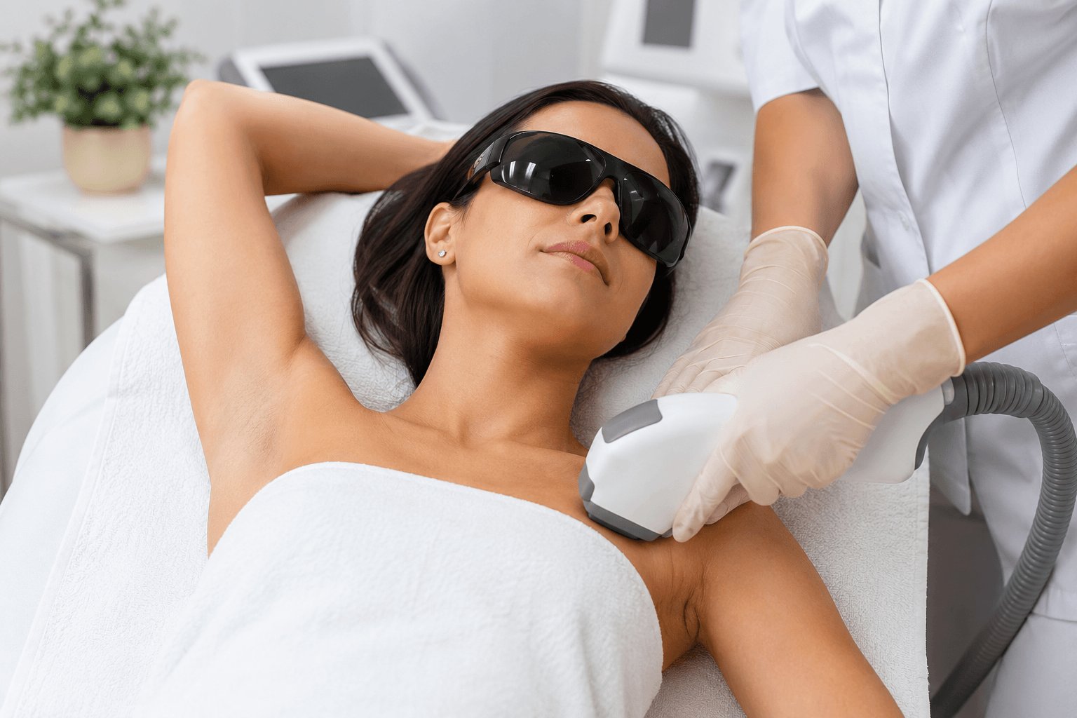 Provider performing Laser Hair Removal on a patient with sensitive skin using advanced laser technology in Dallas, Texas.