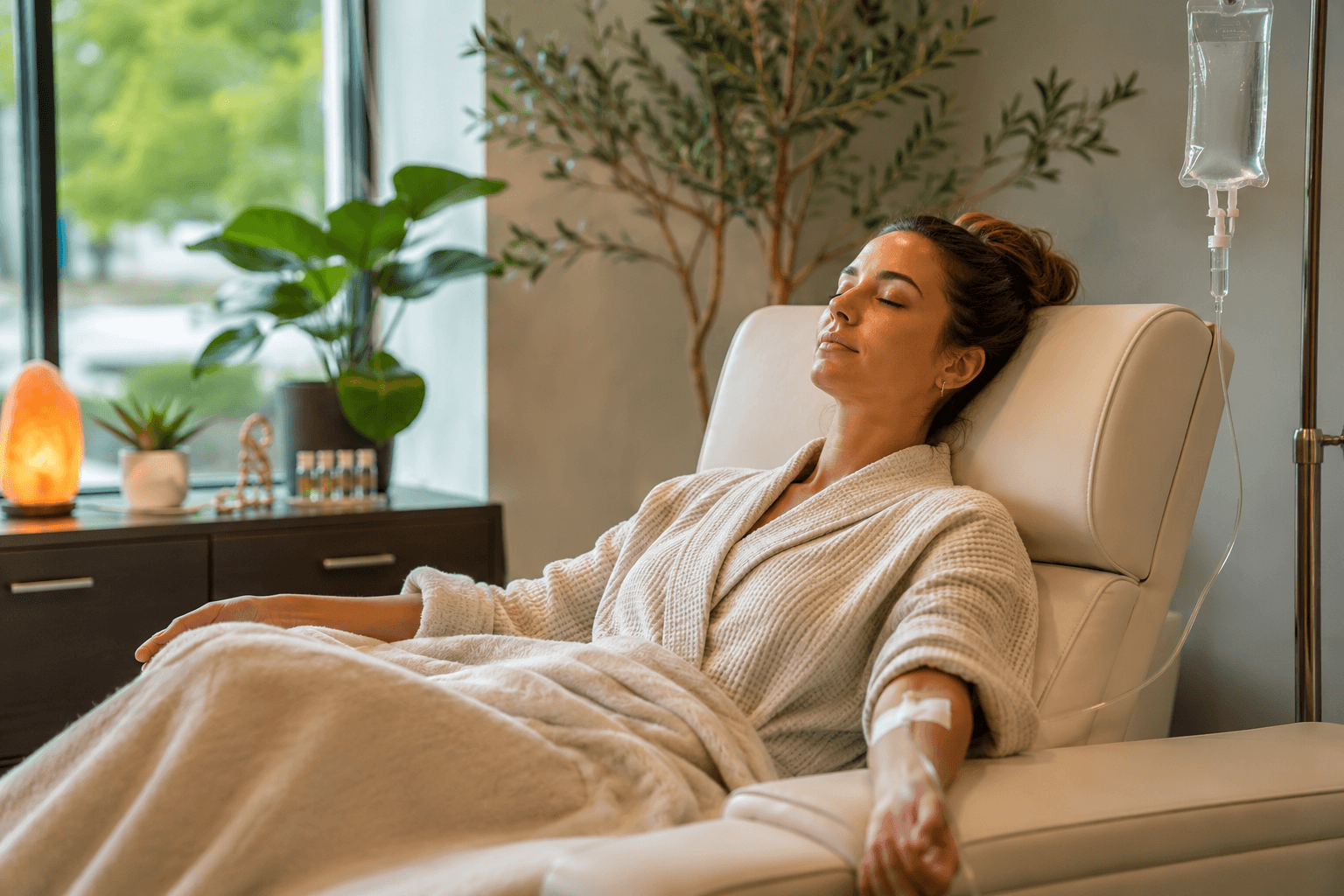 Person relaxing in a modern wellness clinic in Park Cities, Dallas, Texas during a personalized recovery and wellness session.