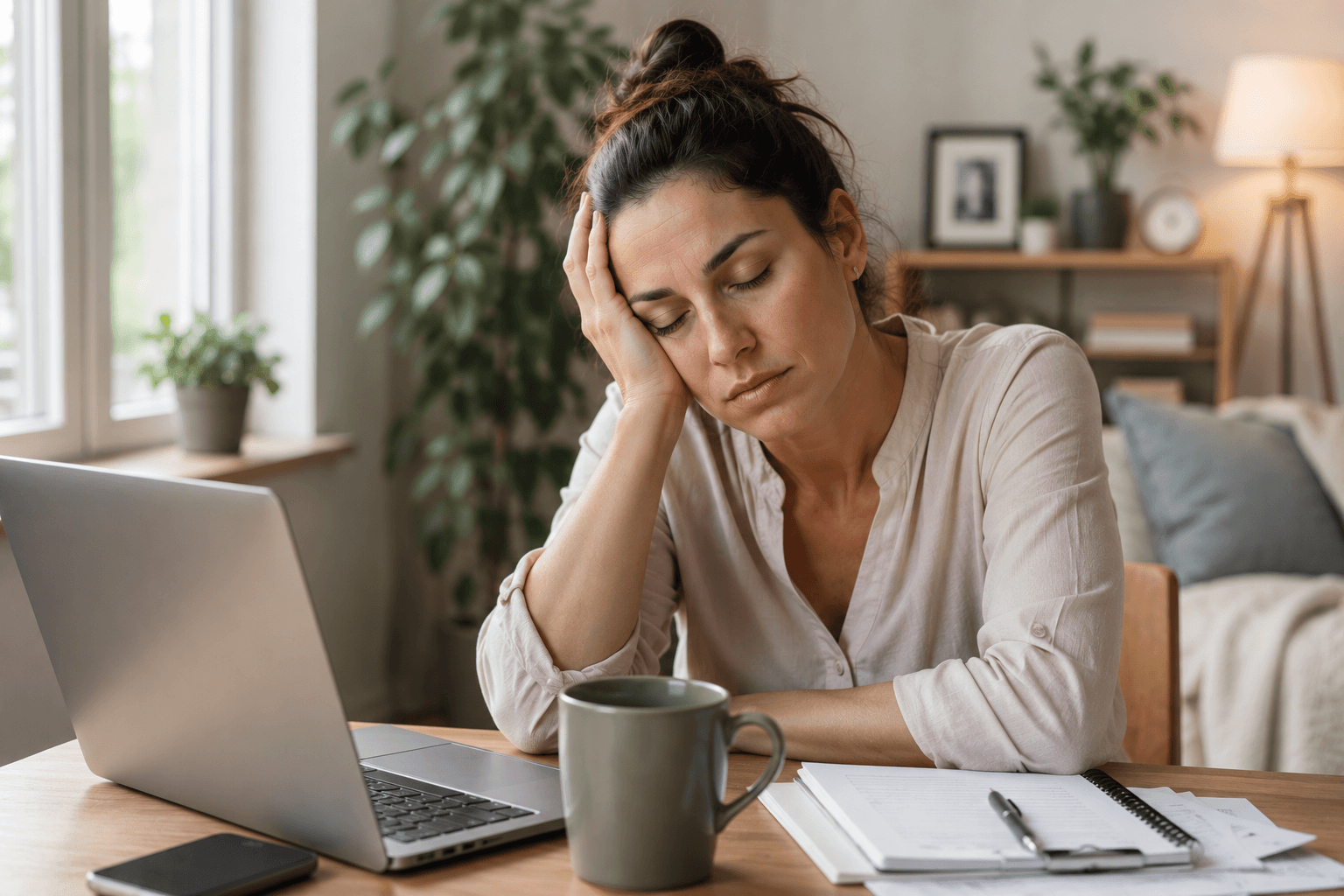 Tired Dallas woman rubbing her eyes at her desk before seeking hormone therapy for fatigue
