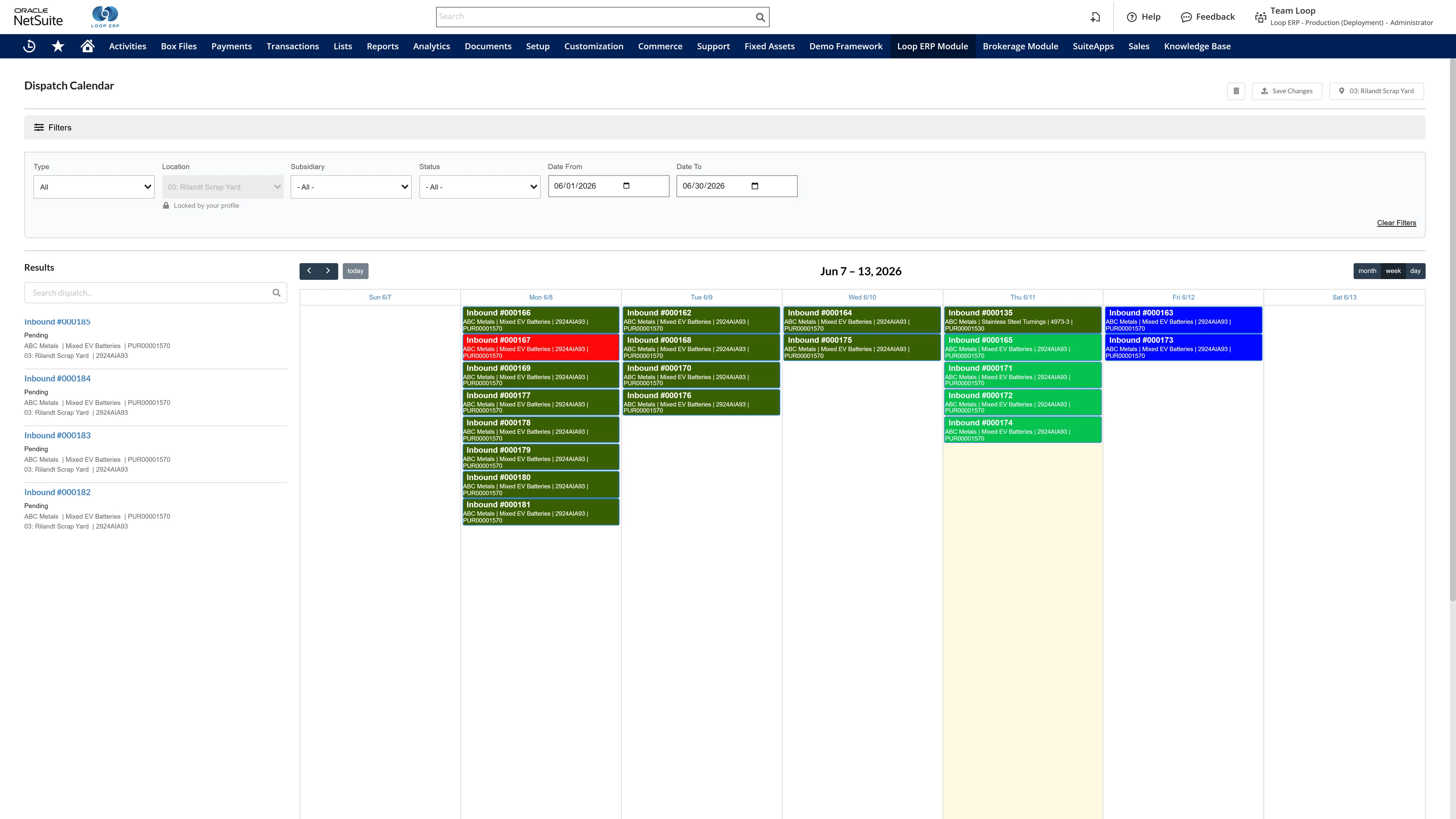 Loop ERP dispatch calendar with scheduled inbound loads by day