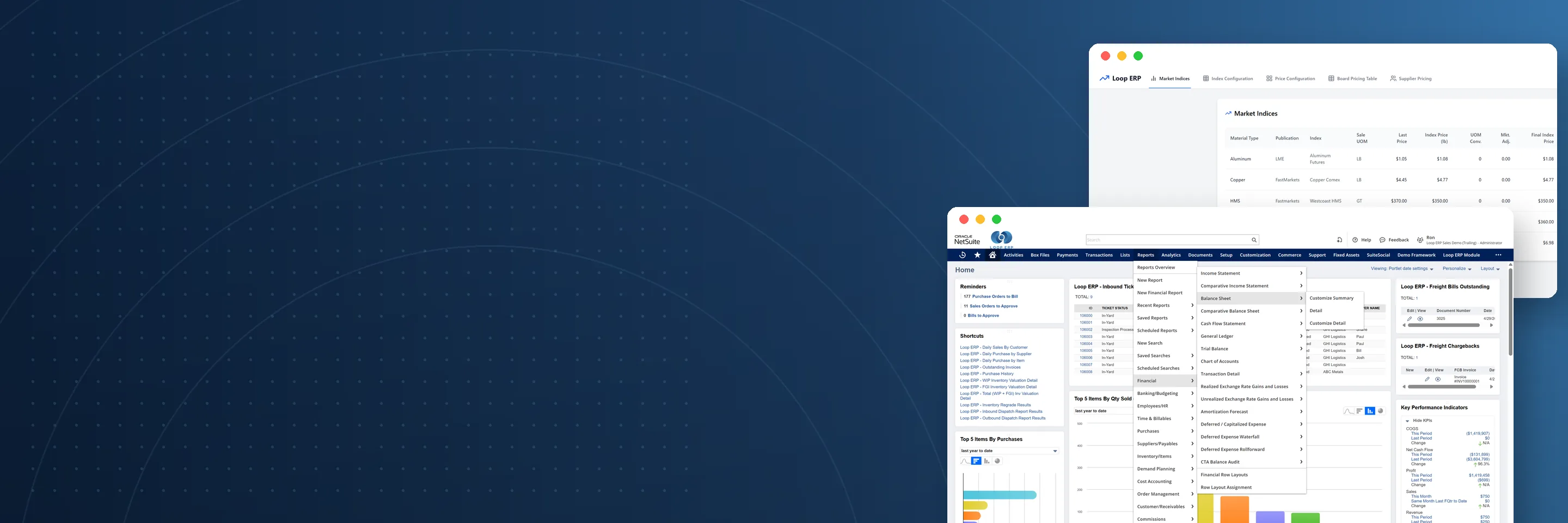 Loop ERP market index pricing and NetSuite home dashboard screens