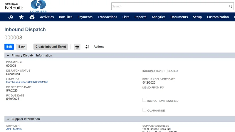 Inbound Tickets demo screen in Loop ERP