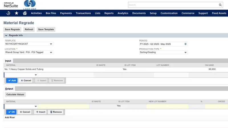 Material Regrade demo screen in Loop ERP