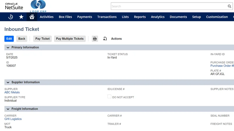 Receipts and Ticket Payments demo screen in Loop ERP