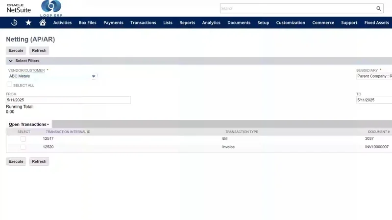 Netting Transactions demo screen in Loop ERP