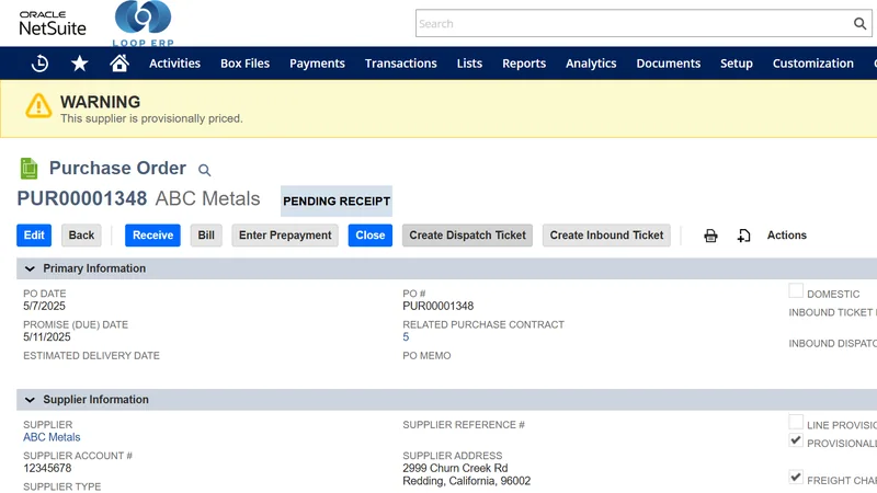 Inbound Dispatch Tickets demo screen in Loop ERP