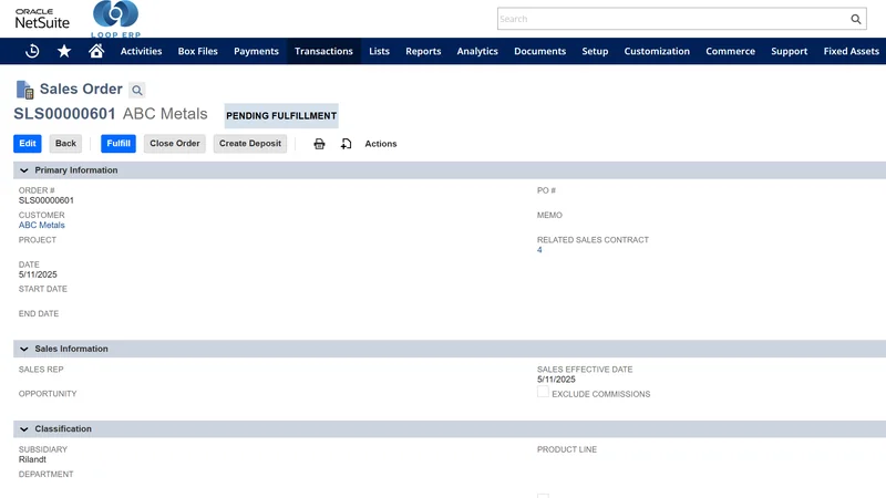 Sales Orders and Dispatches demo screen in Loop ERP