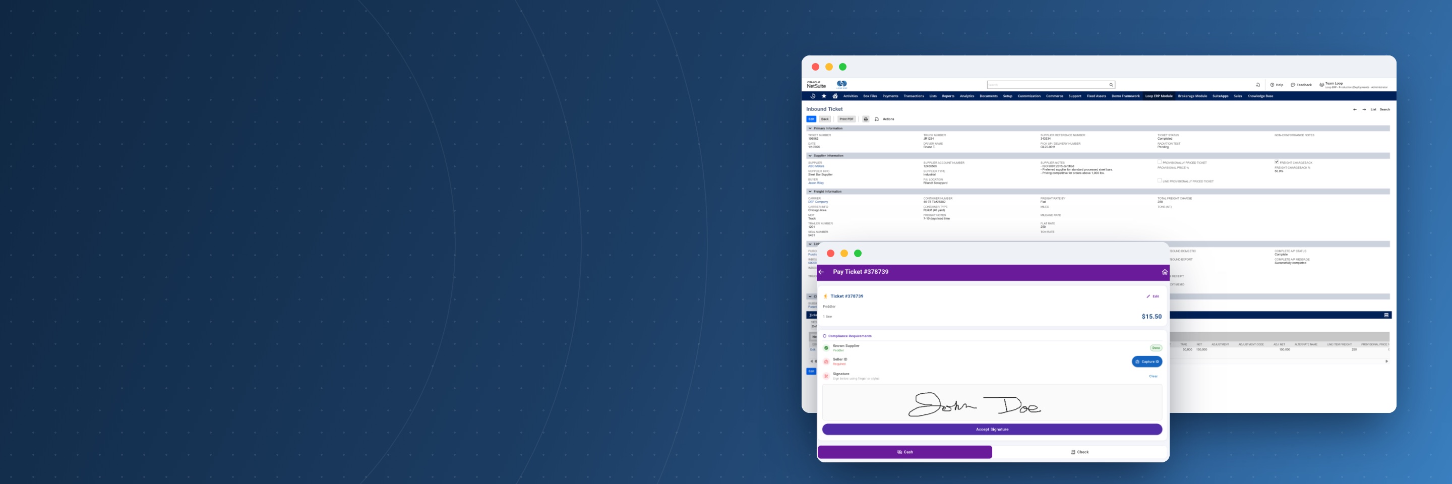 Loop ERP inbound ticket and mobile pay ticket screens inside NetSuite