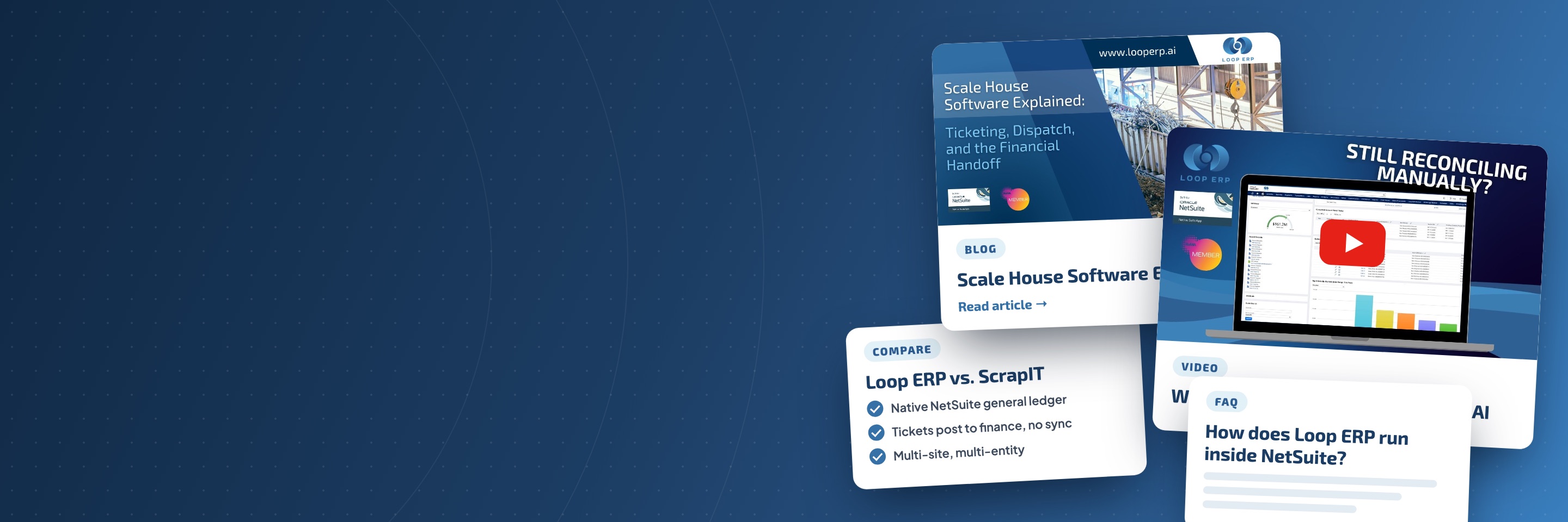Loop ERP blog, video, FAQ, and comparison resource cards