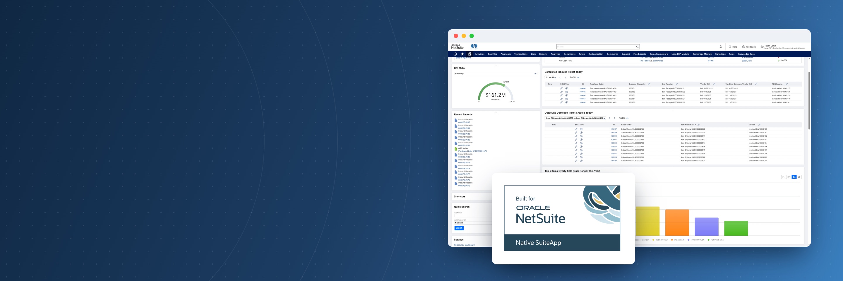 Built for Oracle NetSuite Native SuiteApp badge over the NetSuite home dashboard running Loop ERP
