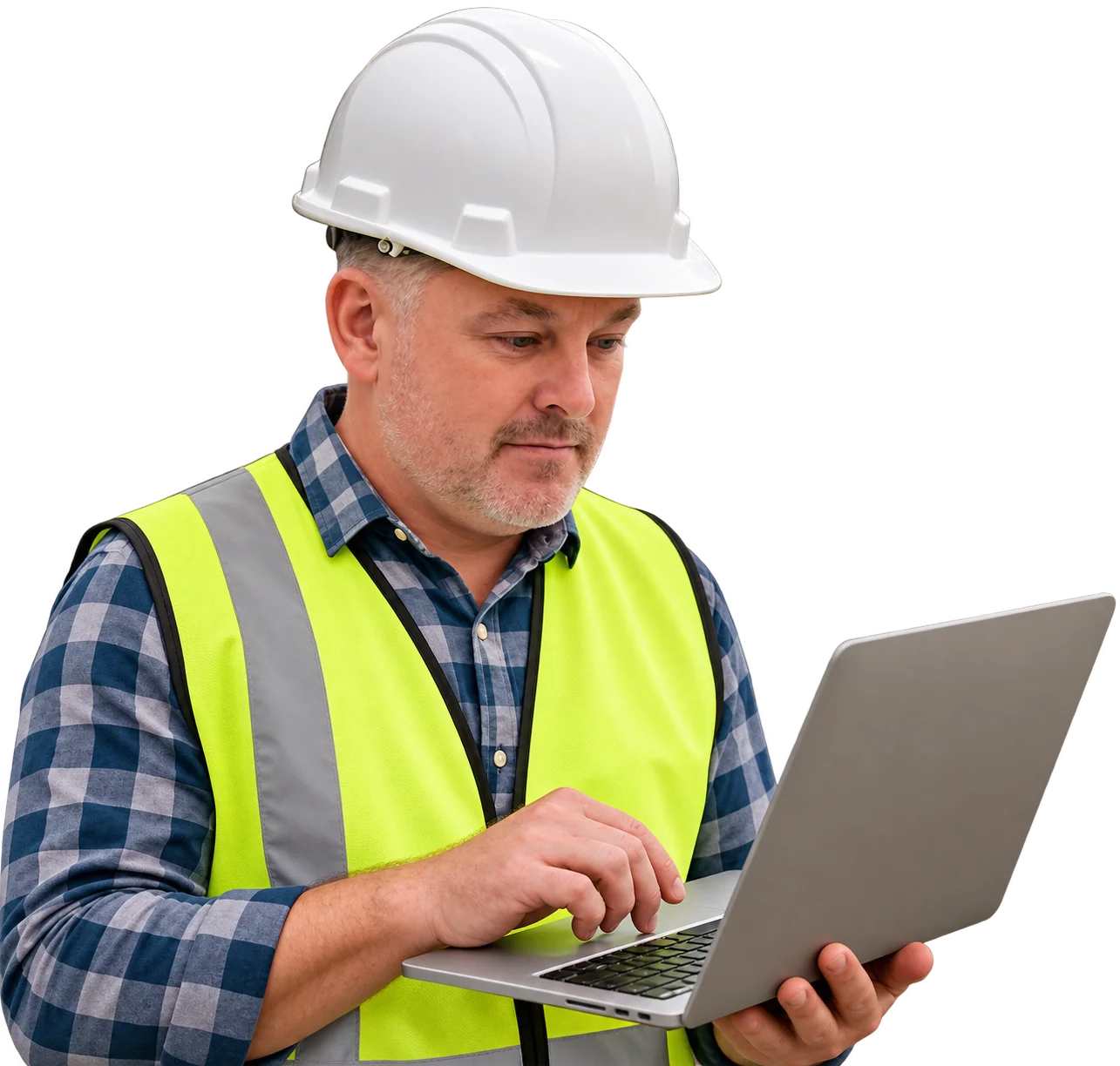Operator in a hard hat and safety vest reviewing operations data on a laptop
