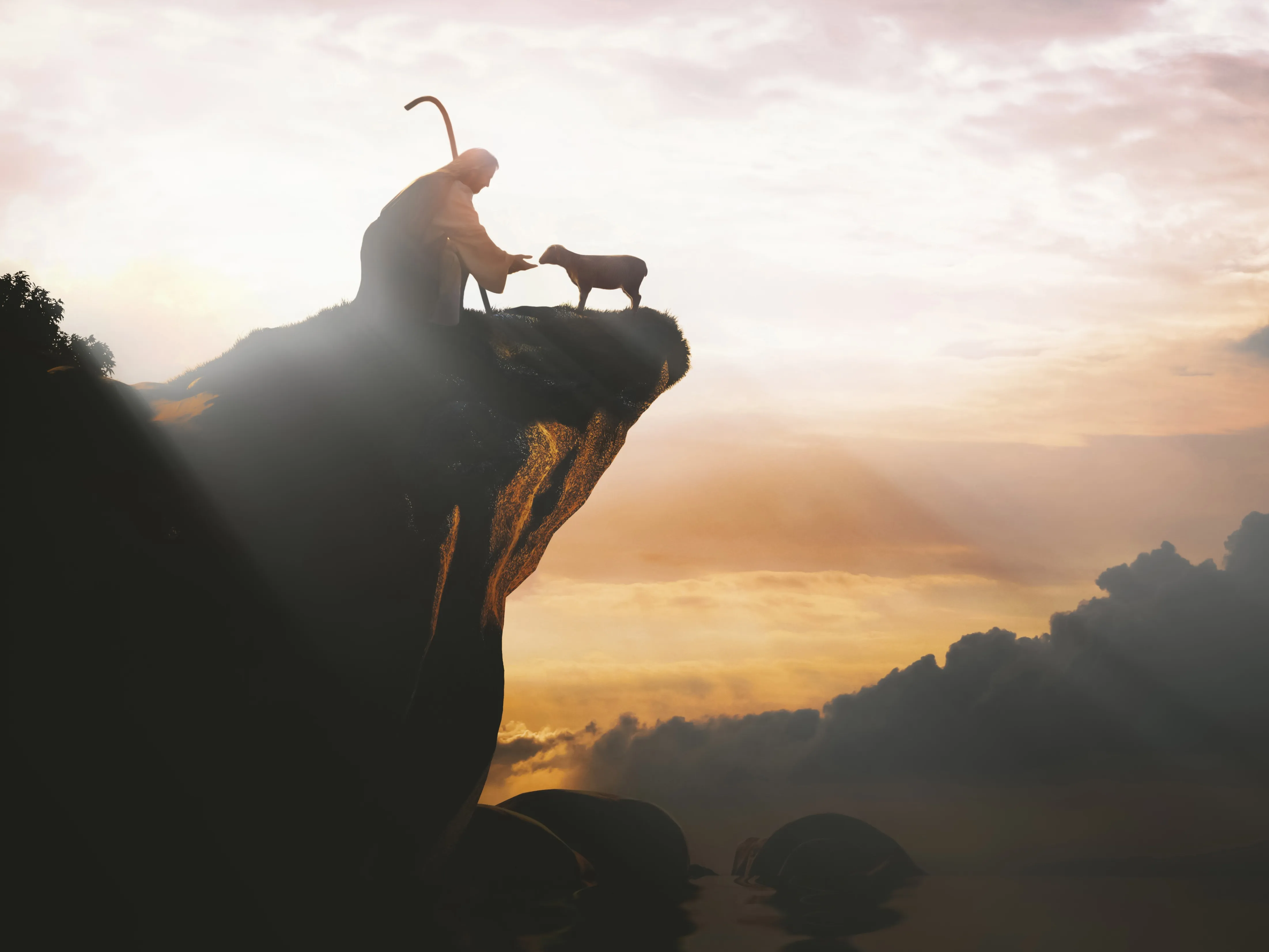 A shepherd reaching out to a lamb