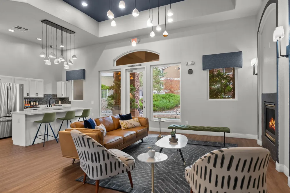 Leasing office with lounge seating and community kitchen