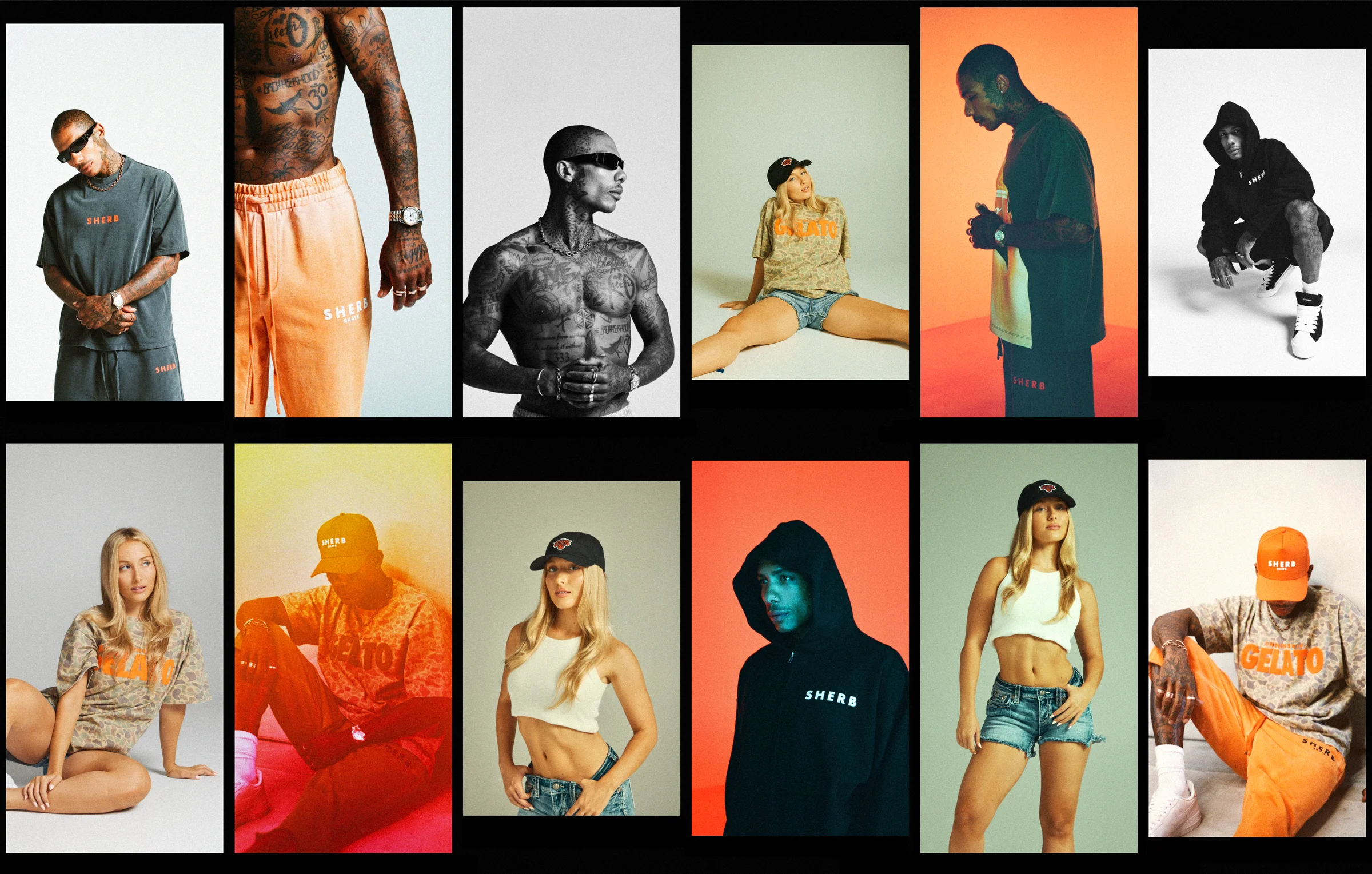 Sherb apparel collage featuring graphic tees, hoodies, shorts, and caps.