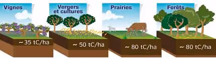 Quantité stockée de carbone par hectare (Source : ADEME – GIS SOL, 2013)