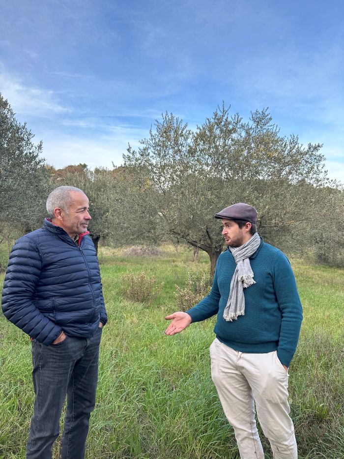 Visite de la ferme – Oliveraie (de gauche à droite : Olivier Lions, directeur général de Dauphiblanc-Provence et Aymeric Paz, agriculteur dans le Var)