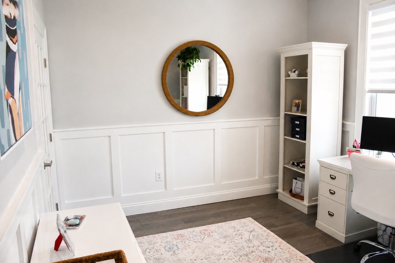 Finished home office with white wainscoting